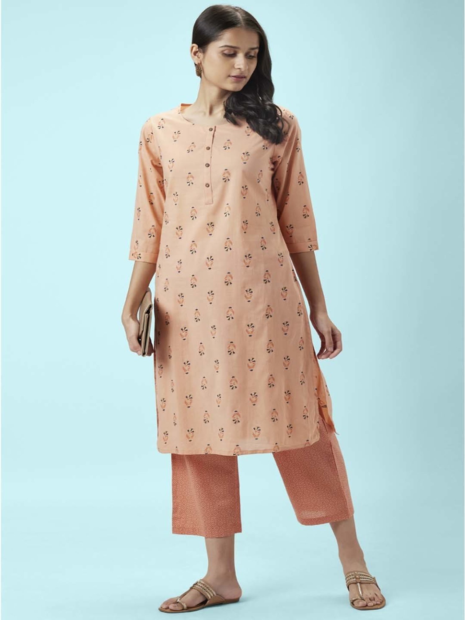 Rangmanch by Pantaloons Peach Cotton Printed Kurta Palazzo Set