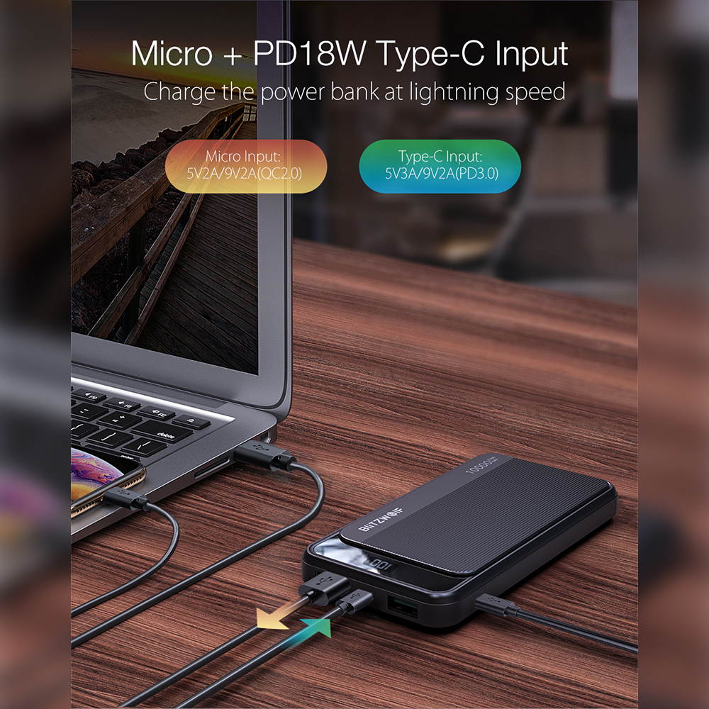 BlitzWolf BW-P12 10000mAh 22.5W Digital Display Power Bank with Real-time Battery Display, Dual QC3.0 PD18W Output, Micro PD18W Input and Striped Styling