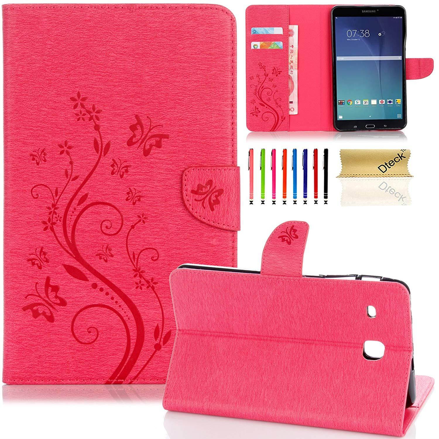 T377a/T377v Case, Galaxy Tab E 8.0" Tablet Case, Dteck Slim PU Leather Magnetic Closure Flip Stand Case [Embossed Flower Design] Protective Case for Samsung SM-T375/T377 4G LTE Verizon,Rose