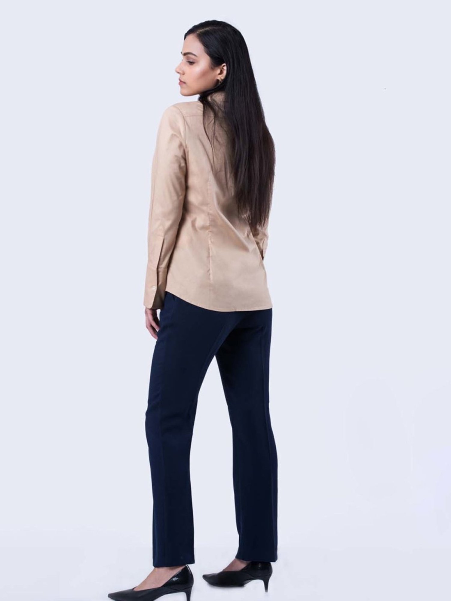 Qua Navy Blue Textured Crepe Modern Trousers