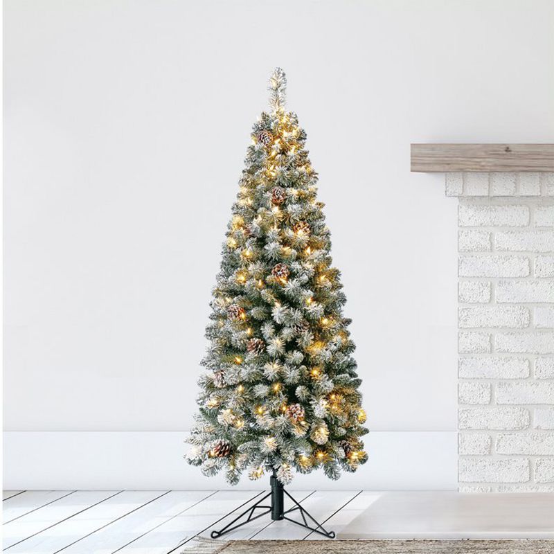 Home Heritage Corner 5 Foot Flocked Pine Artificial Christmas Tree With Warm White LED Lights and Pinecones