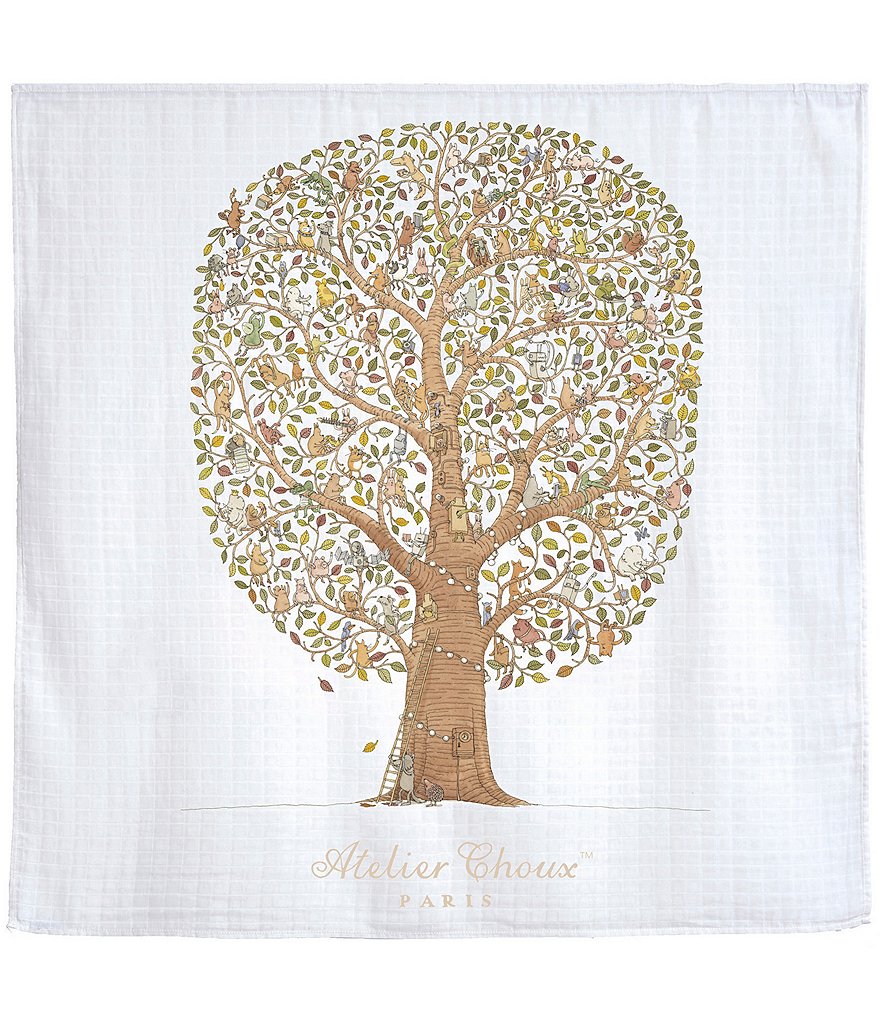 Atelier Choux Paris Organic Cotton Baby Friends & Family Tree Swaddle Blanket with Gift Box