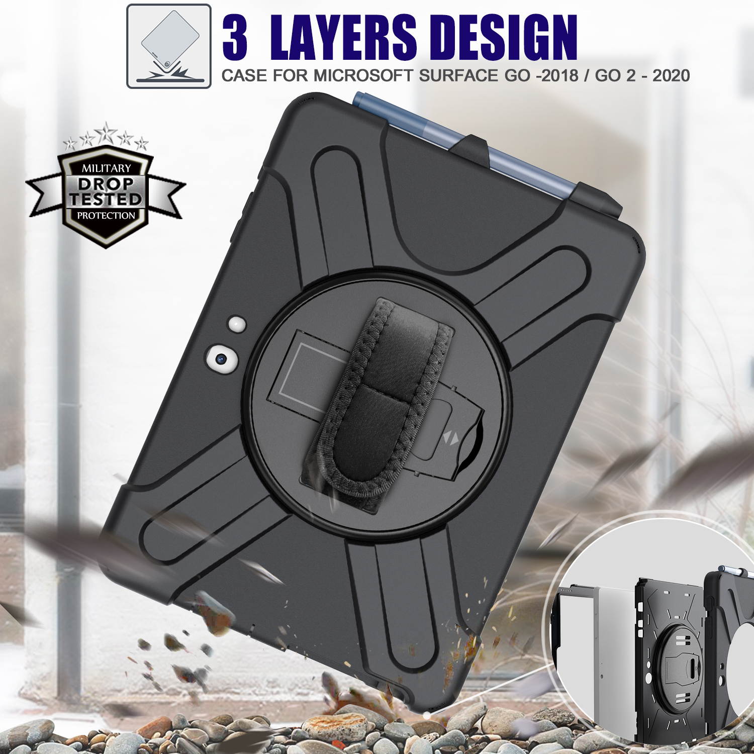 Case for Microsoft Surface Go 2 10.5 inch 2020 / Surface Go 10 inch 2018 with with Pen Holder, Hand Strap & Shoulder Strap Shockproof Protective Stand Cover