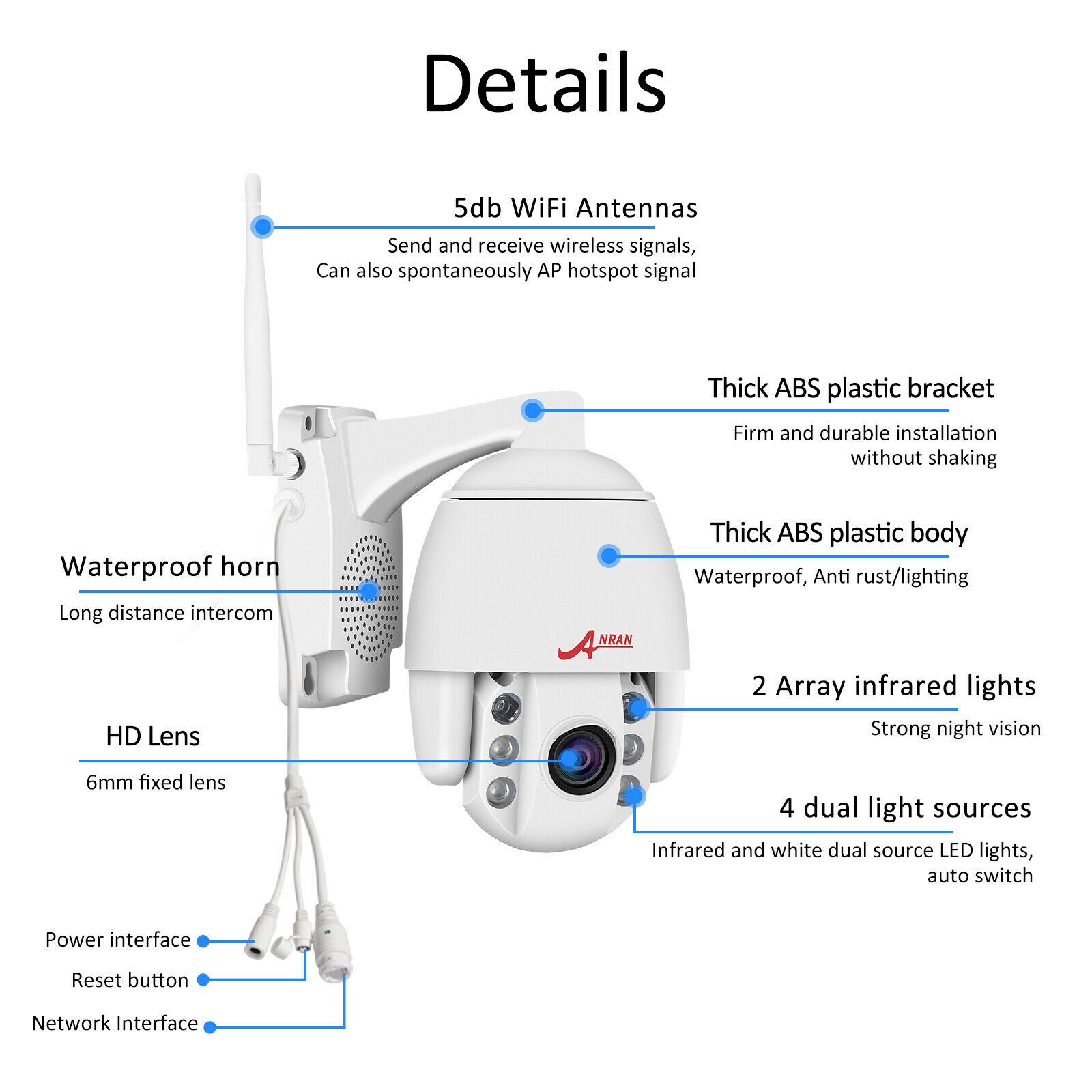 ANRAN WiFi Camera Outdoor, 1080P HD Outdoor IP Camera Wireless, Pan Tilt WiFi Camera, 2-Way Audio,  Night Vision, IP66 Waterproof, Motion Detect Email Alarm, Support Max 128GB SD Card