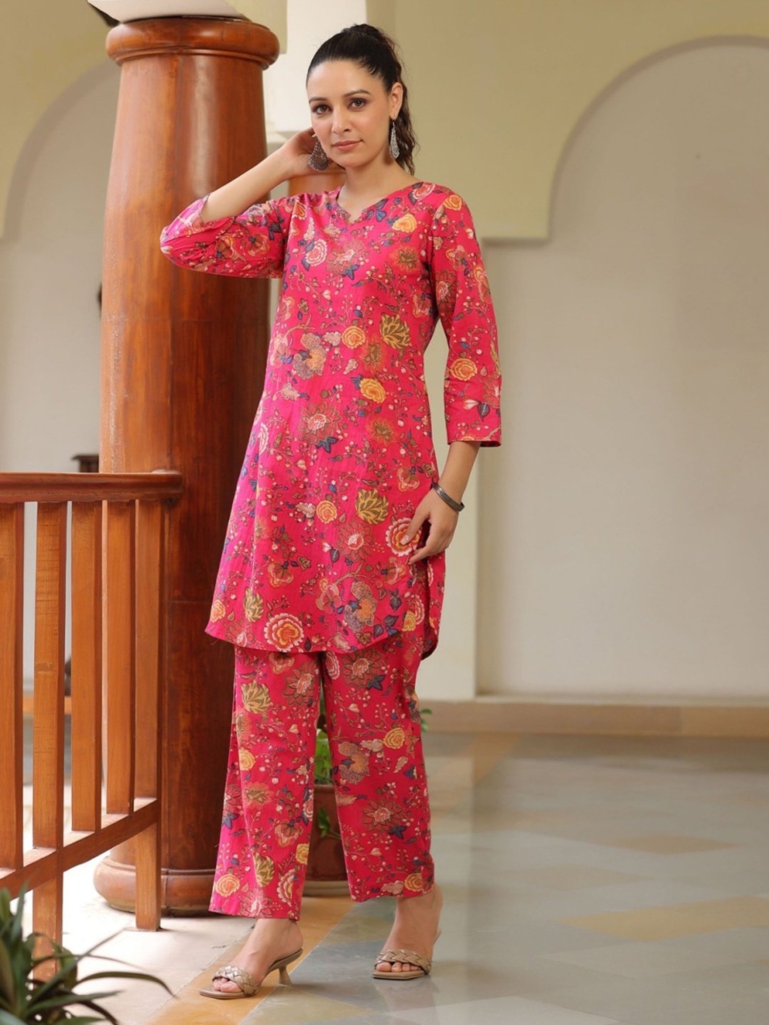Rain and Rainbow Fuchsia Pink Cotton Floral Print Kurta Pant Set