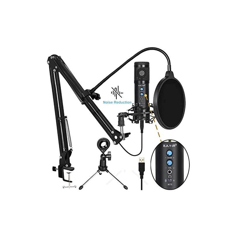 Condenser Microphone for Computer, Professional PC Microphone Kit with Noise Cancelling, Mute Button, Adjustable Metal Arm Stand, Great for Gaming, Podcast, LiveStreaming, Recording, Black