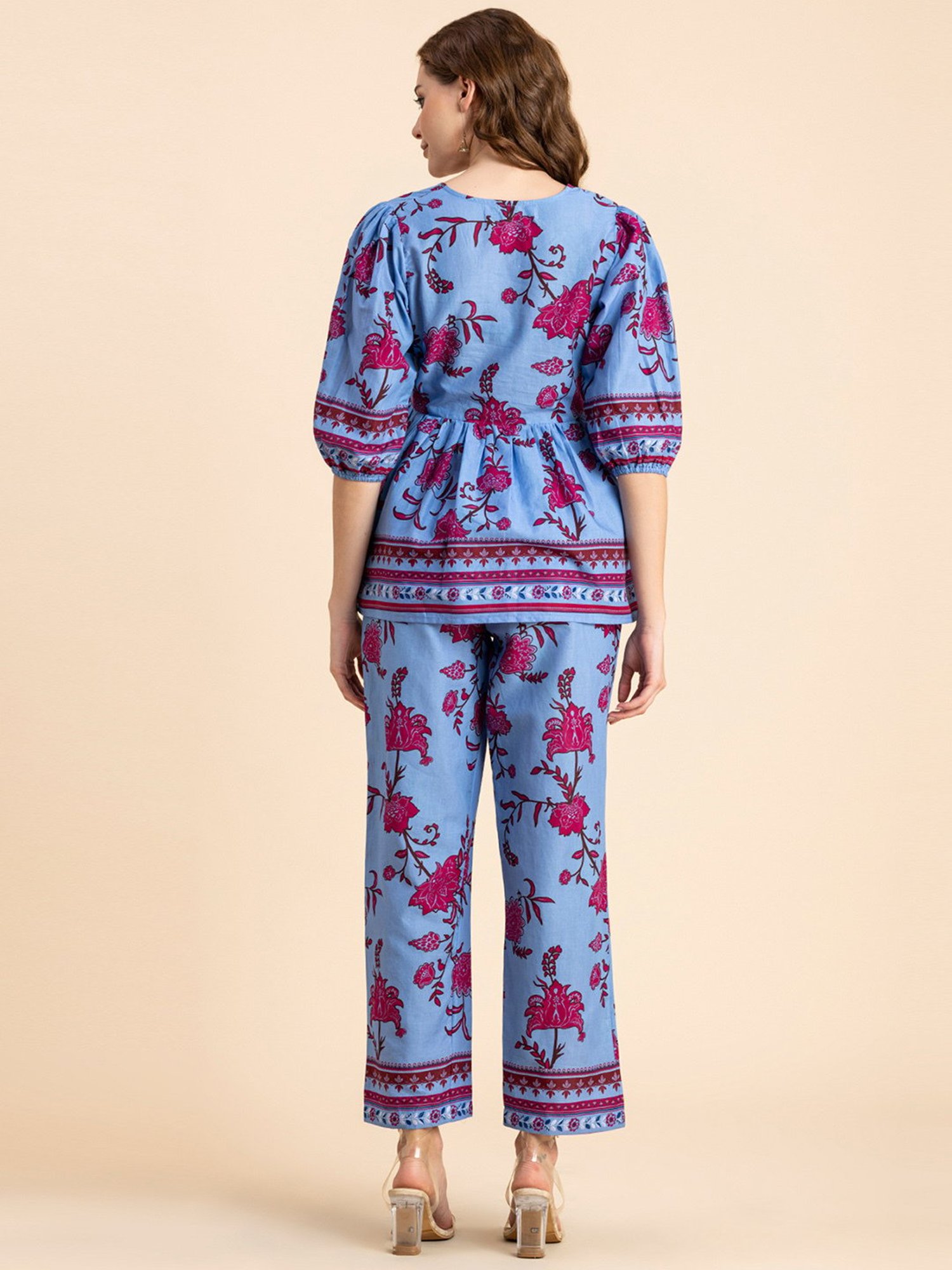 Moomaya Blue & Pink Cotton Floral Print Top With Pants