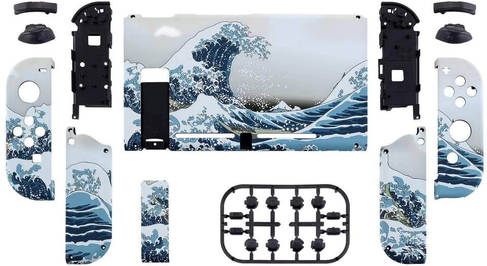 eXtremeRate Soft Touch Grip Back Plate for Nintendo Switch Console, NS Joycon Handheld Controller Housing with Full Set Buttons, DIY Replacement Shell for Nintendo Switch - The Great Wave