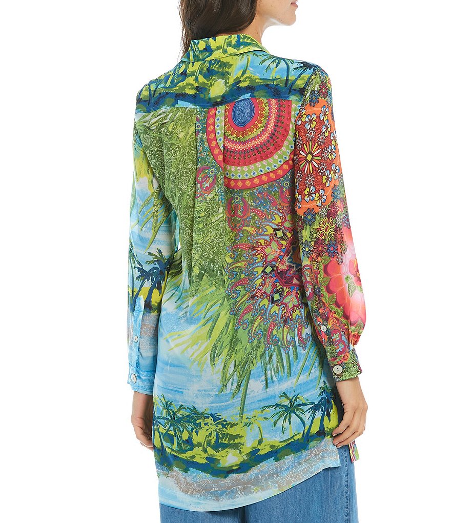 John Mark Tropical Print Button Front Long Tunic