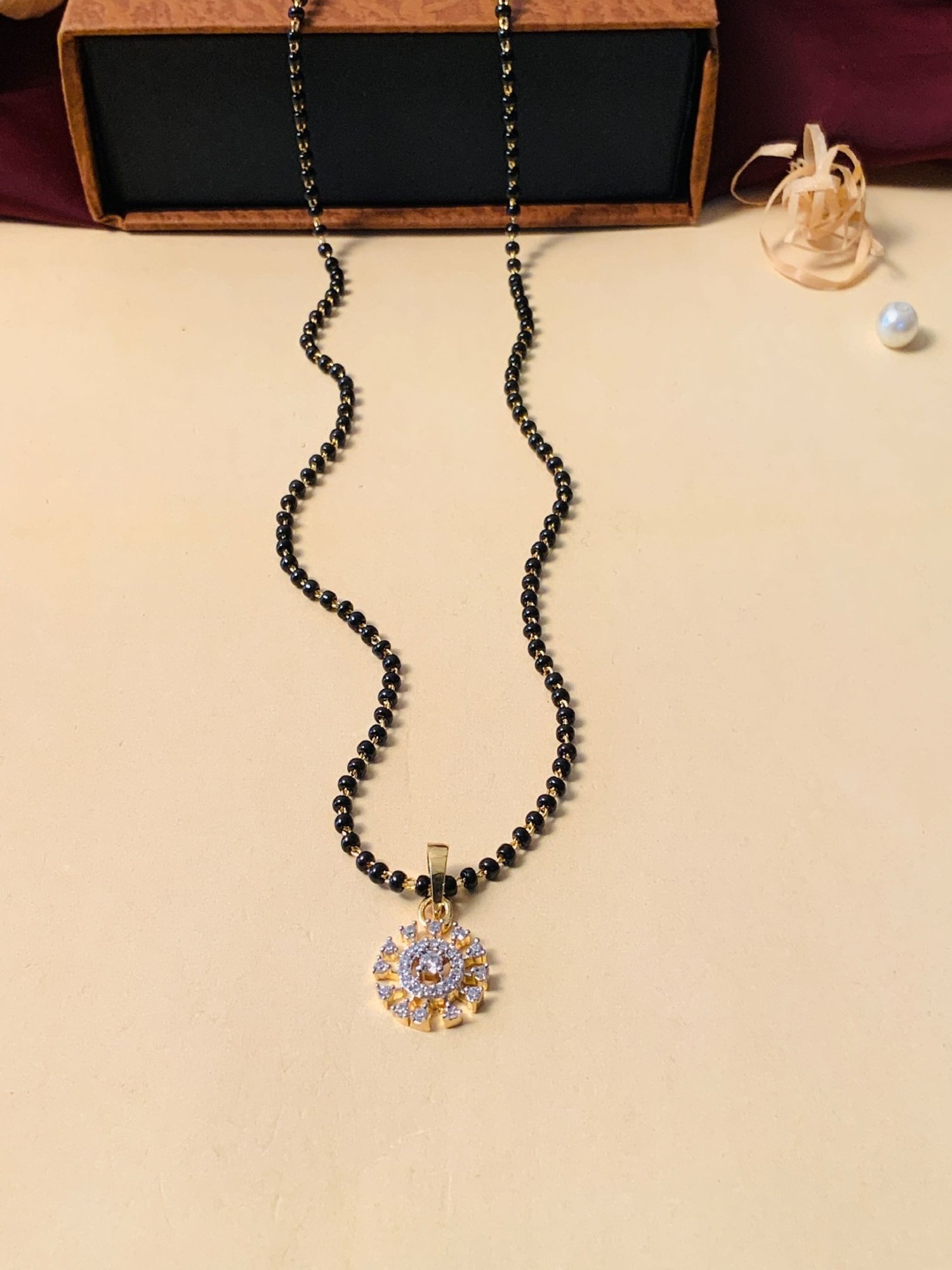 Abdesigns Gold-Plated American Diamond & Black Beaded Mangalsutra