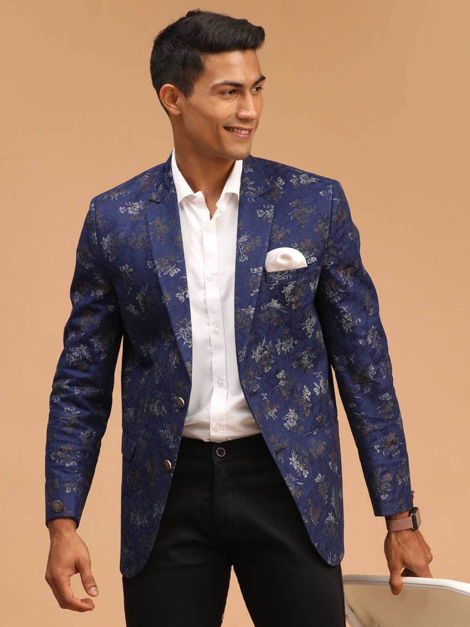 VASTRAMAY Navy Regular Fit Floral Print Ethnic Blazer