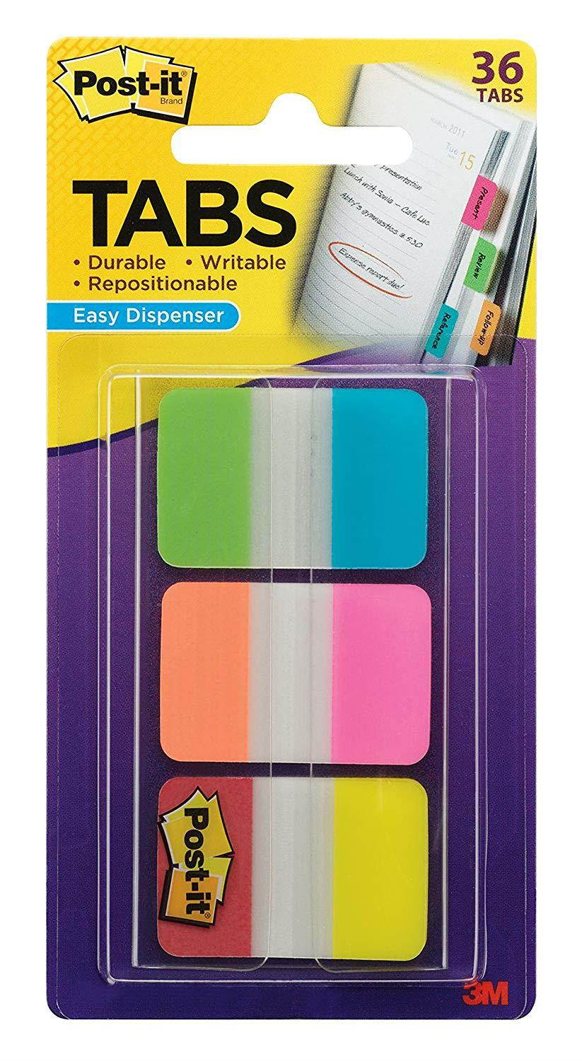 Post-it Tabs, 1 in. Solid, Aqua, Yellow, Pink, Red, Green, Orange, Durable, Writable, Repositionable, Sticks Securely, Removes Cleanly, 6/Color, 36/Dispenser, (686-ALOPRYT)
