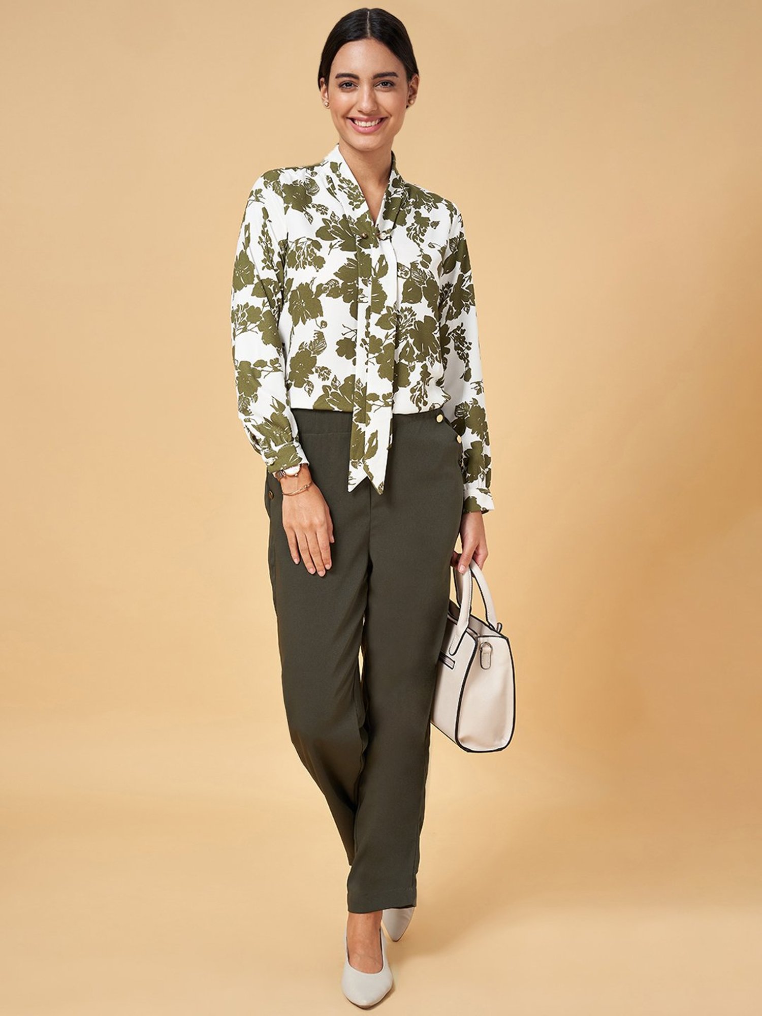 Annabelle by Pantaloons White & Olive Green Printed Top