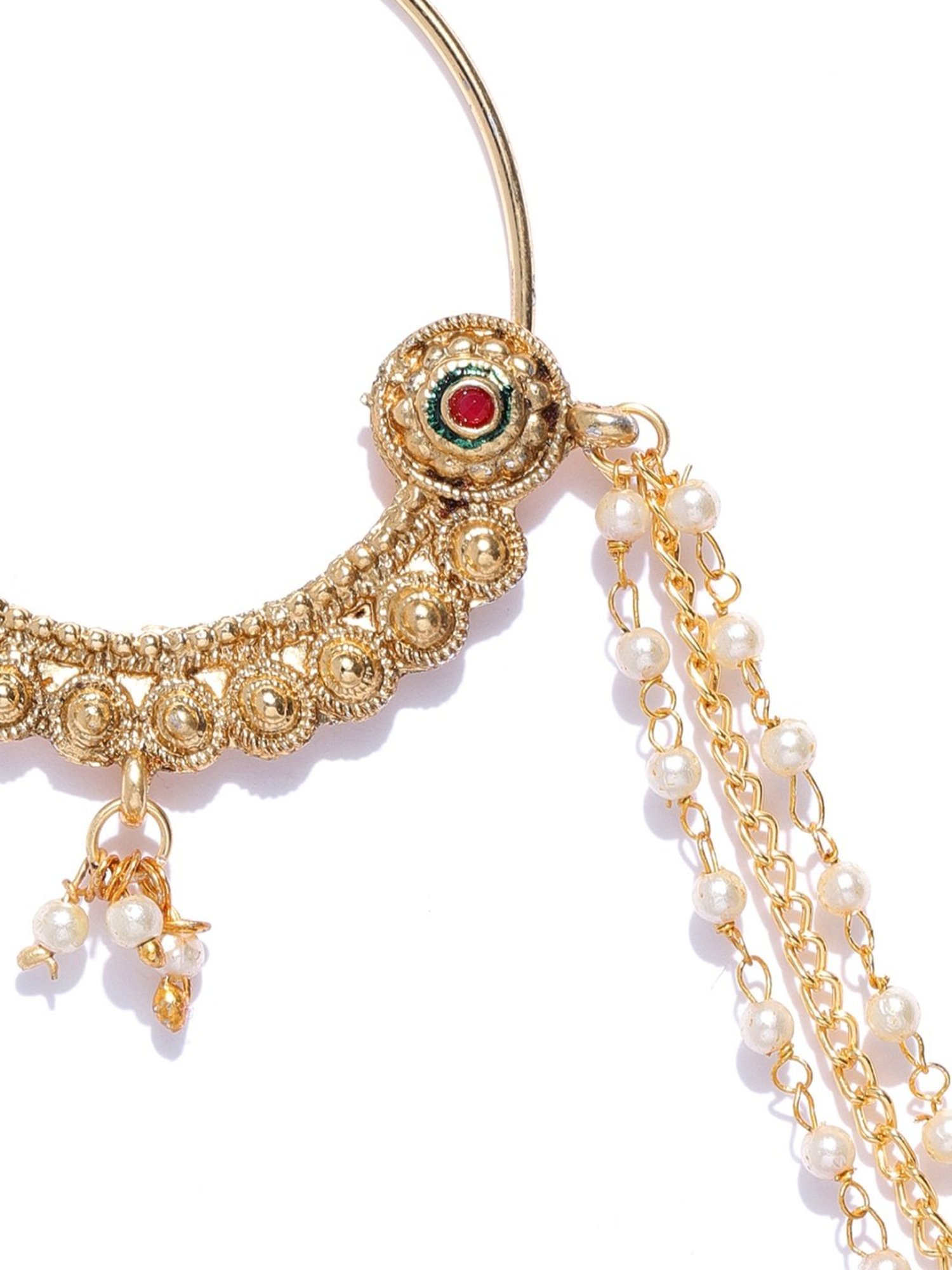 Zaveri Pearls Golden & Pearl White Alloy Nose Ring