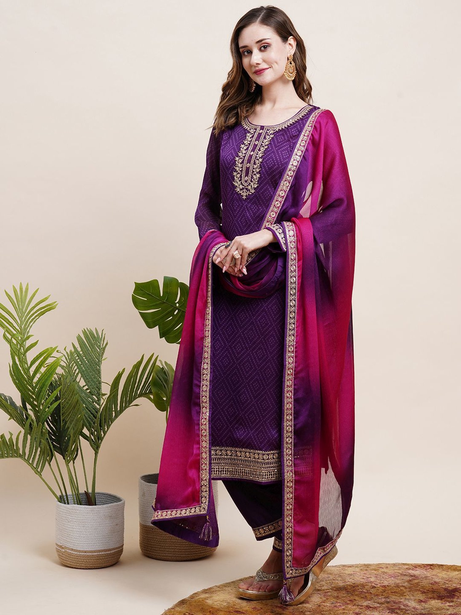 Fashor Purple Printed Kurta Pant Set With Dupatta