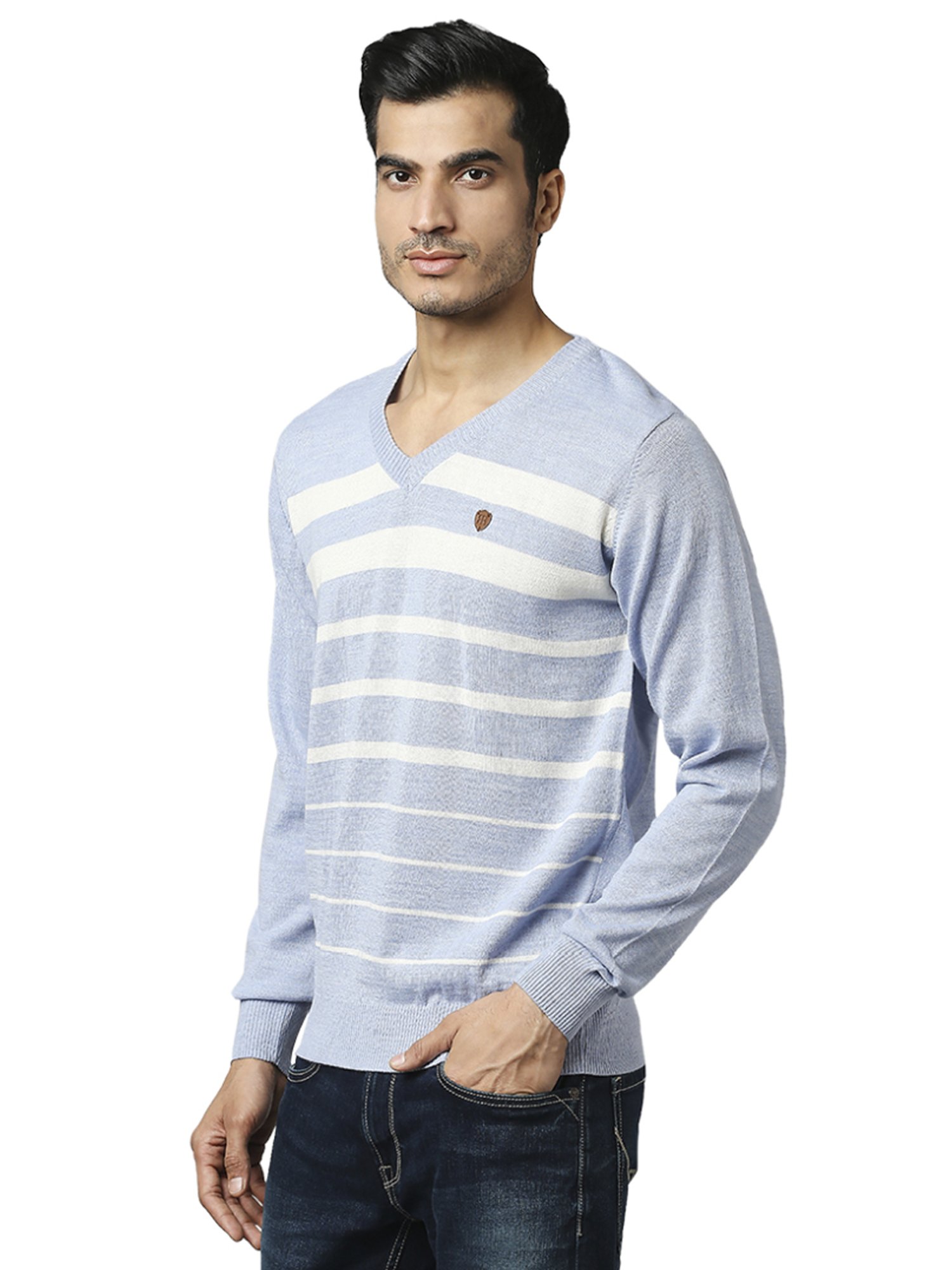 Raymond Blue  Regular Fit Striped Sweaters