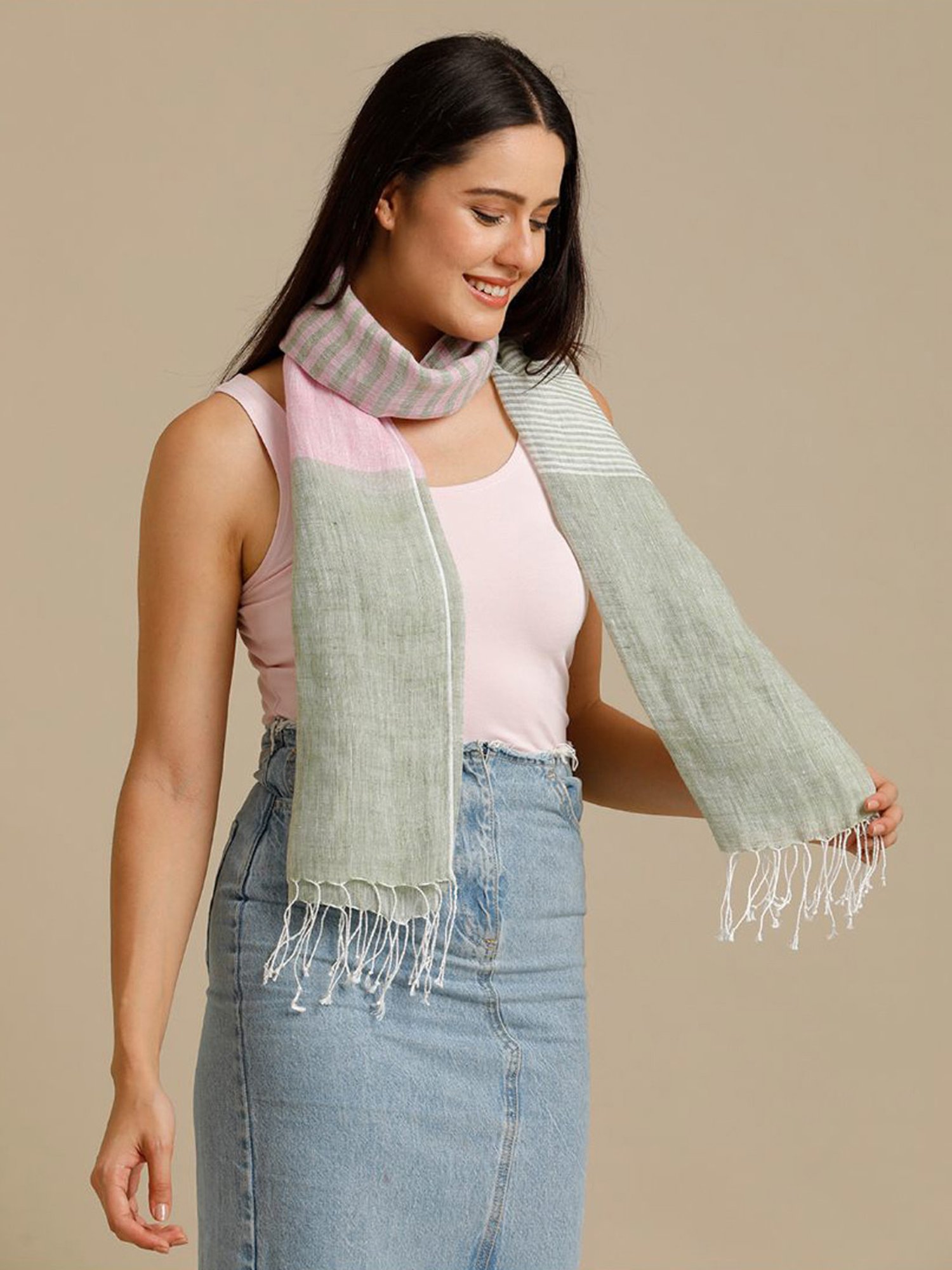 Linen Club Green Striped Pure Linen Stole