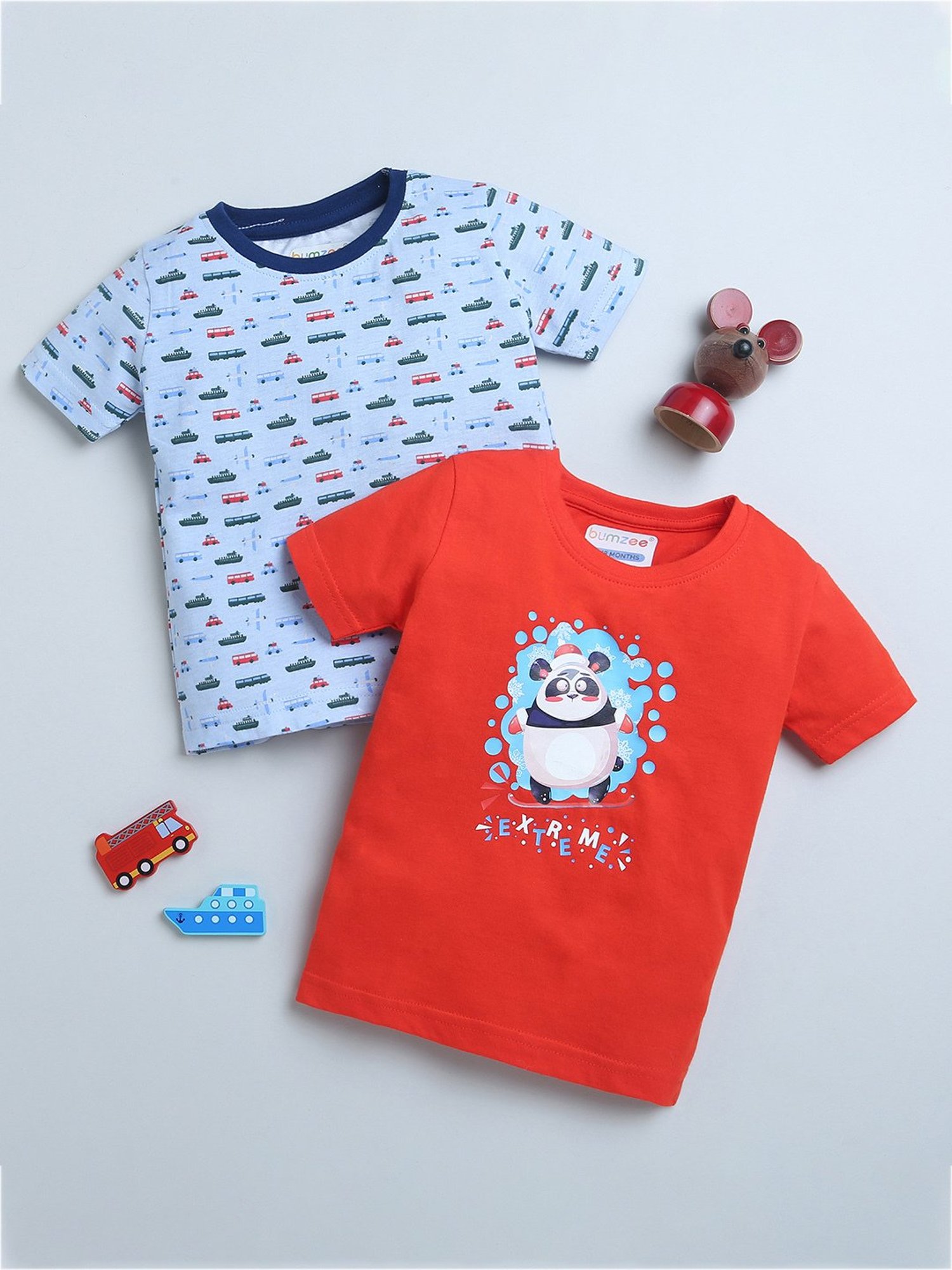Bumzee Kids Sky Blue & Red Printed T-Shirt (Pack Of 2)