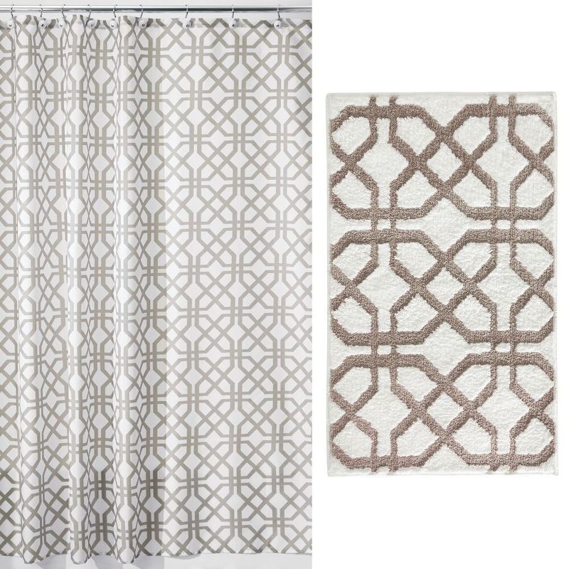 mDesign Decorative Fabric Shower Curtain & Bath Rug Set, Stone/White - 2 Pieces