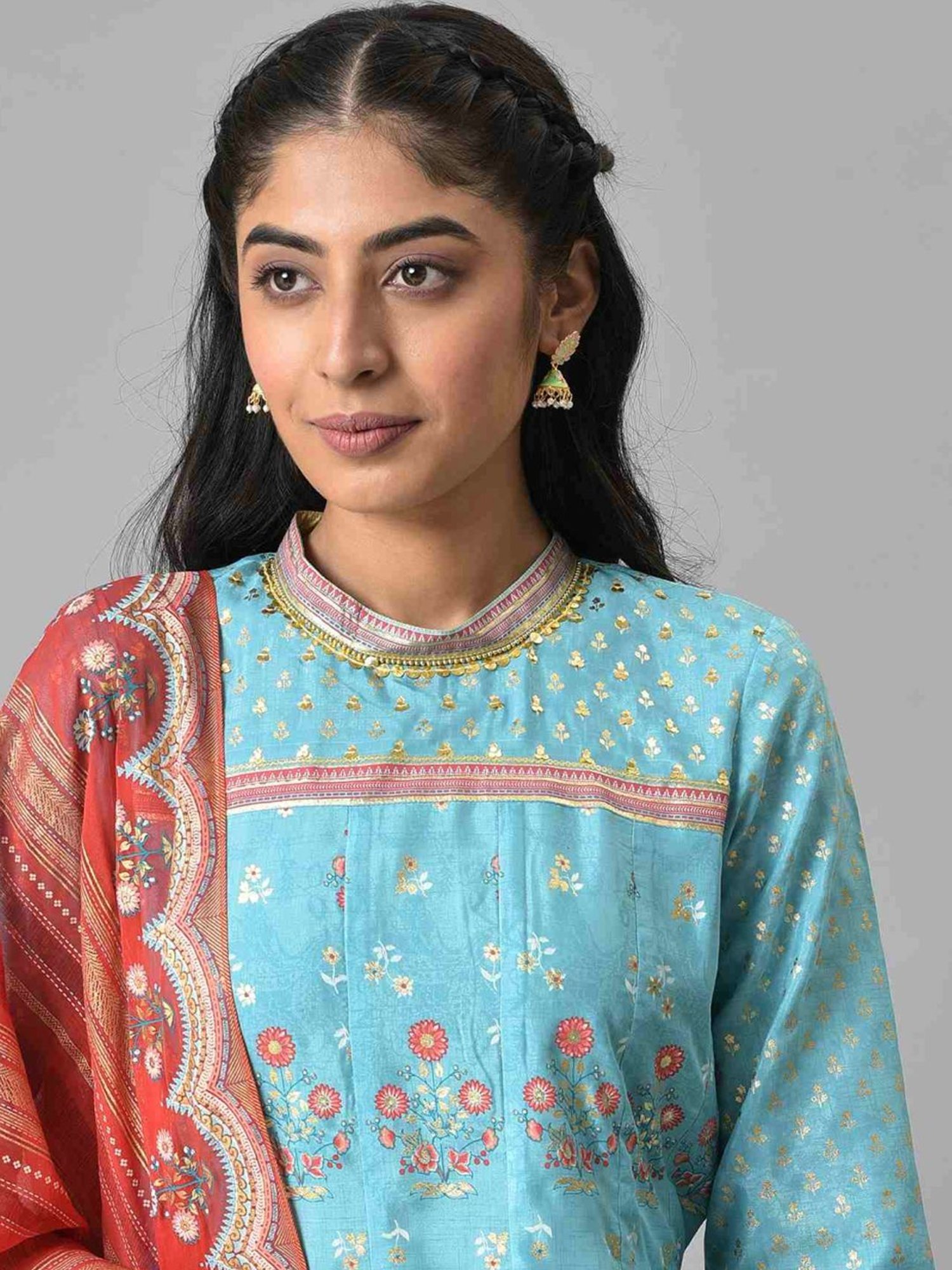 Aurelia Sky Blue & Red Printed Kurta Leggings Set With Dupatta