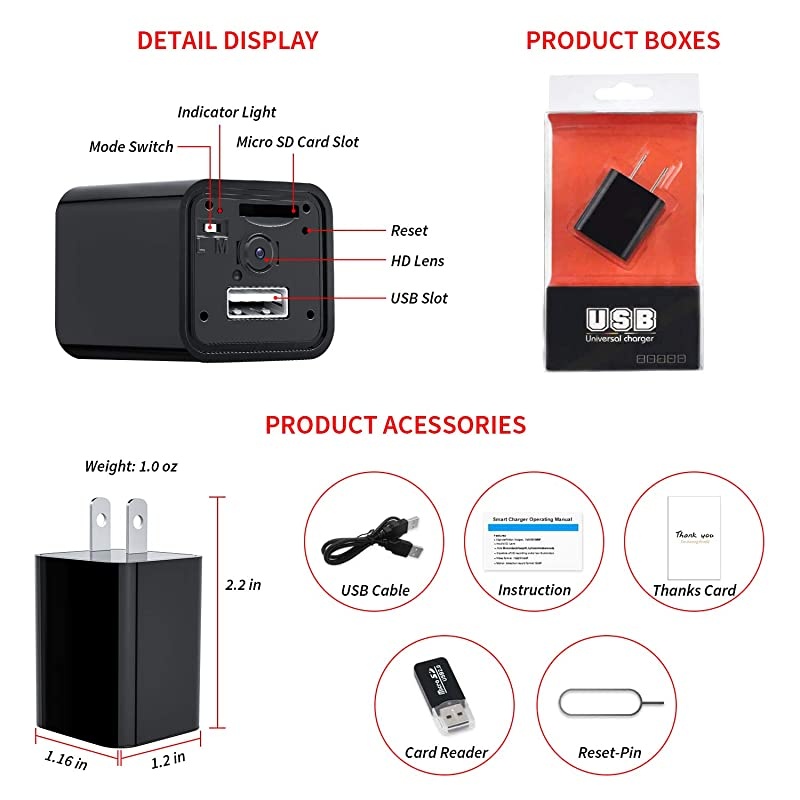 Camera Charger WiFi,USB Spy Camera Charger,Spy Cameras Wireless 1080P HD Live Streaming with App, Nanny Cam Motion Activated, with 32GB MicroSD Card Class 10