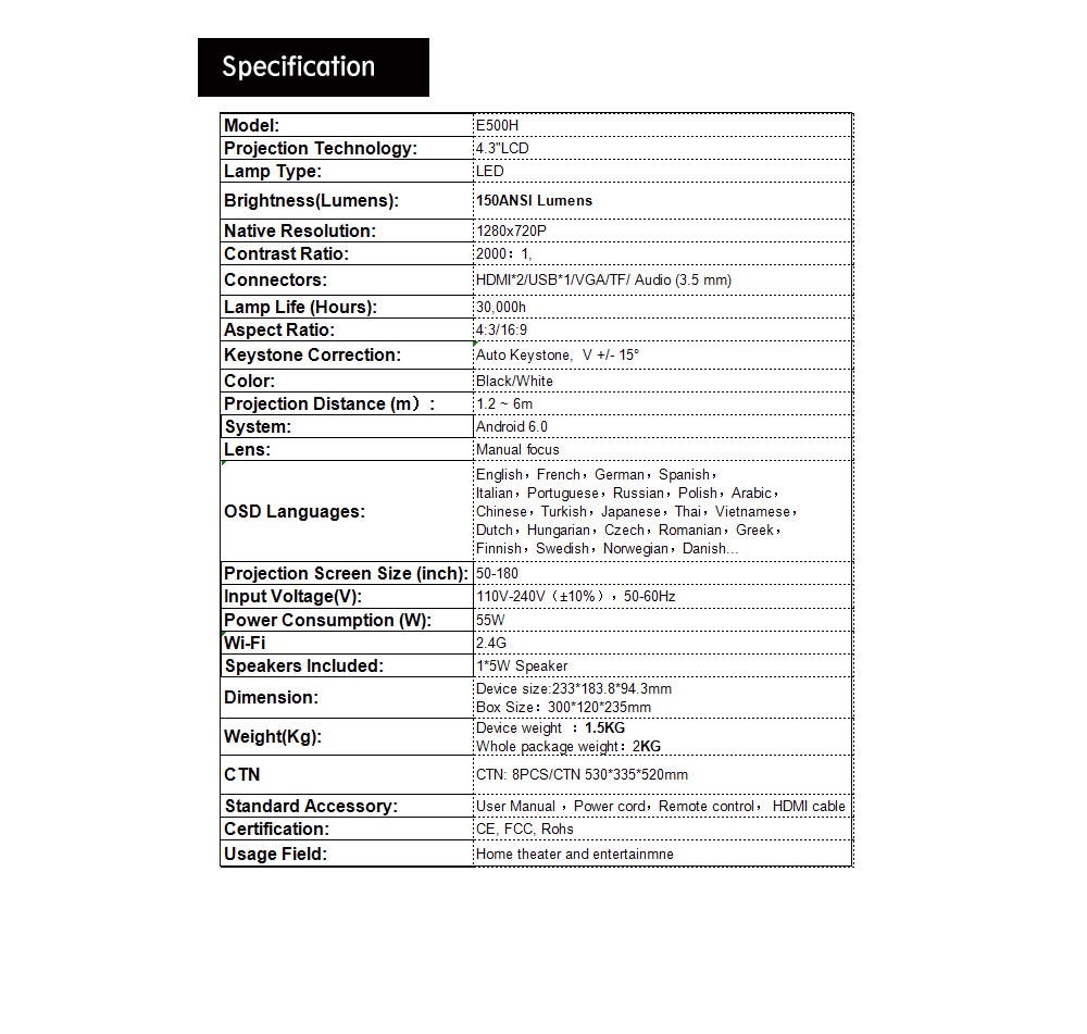 KINGZONE E500H 720P HD Projector 3000Lumens Android 6.0 Projector