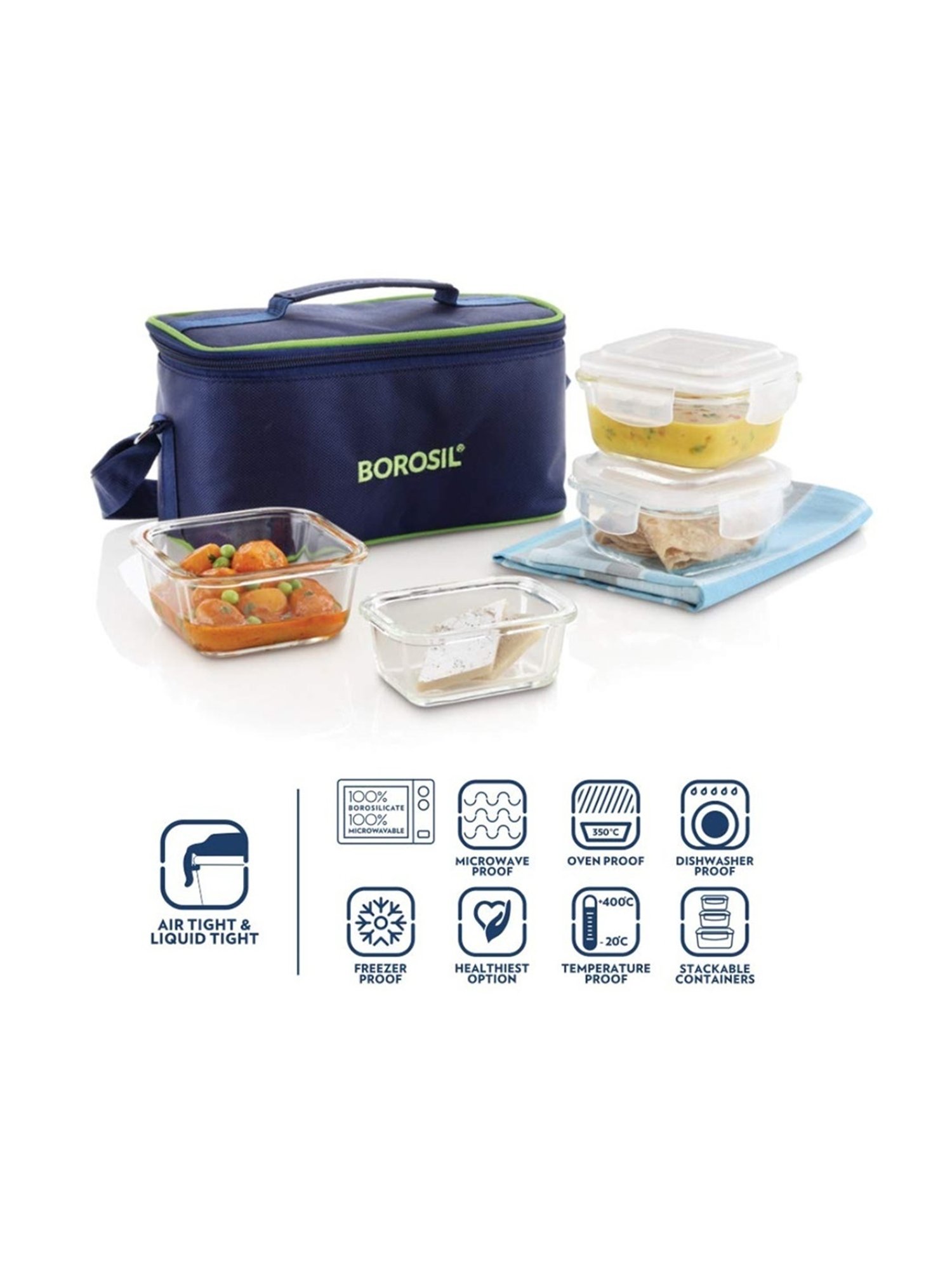 Borosil Blue Glass Leak Proof Lunch Box with Bag (320 ml)