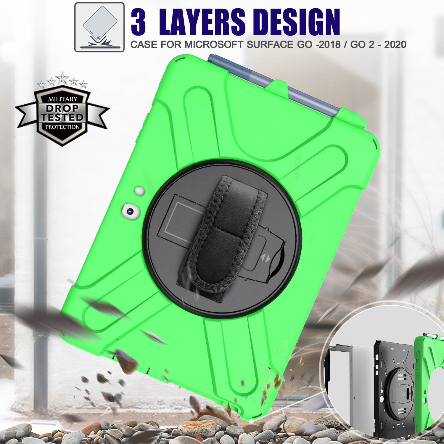 Case for Microsoft Surface Go 2 10.5 inch 2020 / Surface Go 10 inch 2018 with with Pen Holder, Hand Strap & Shoulder Strap Shockproof Protective Stand Cover