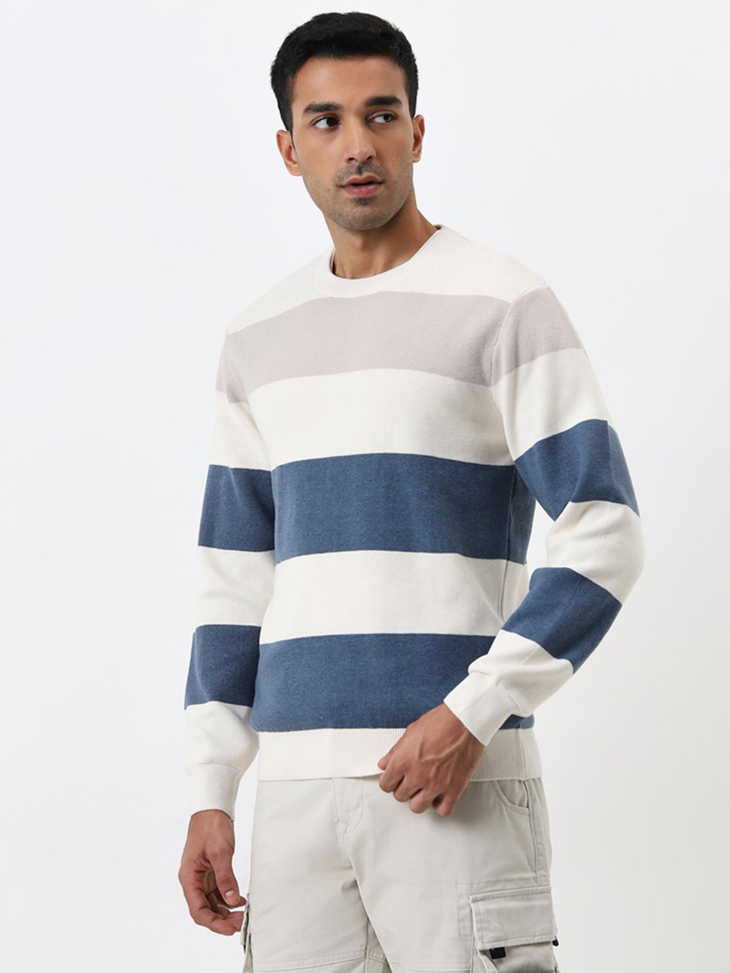 WES Casuals by Westside Blue Colour-Blocked Slim-Fit Sweater