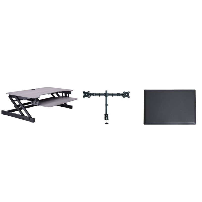 37.5" Deluxe Adjustable Height Standing Desk Converter with Dual Monitor Mount and Anti Fatigue Mat Bundle Gray - Rocelco