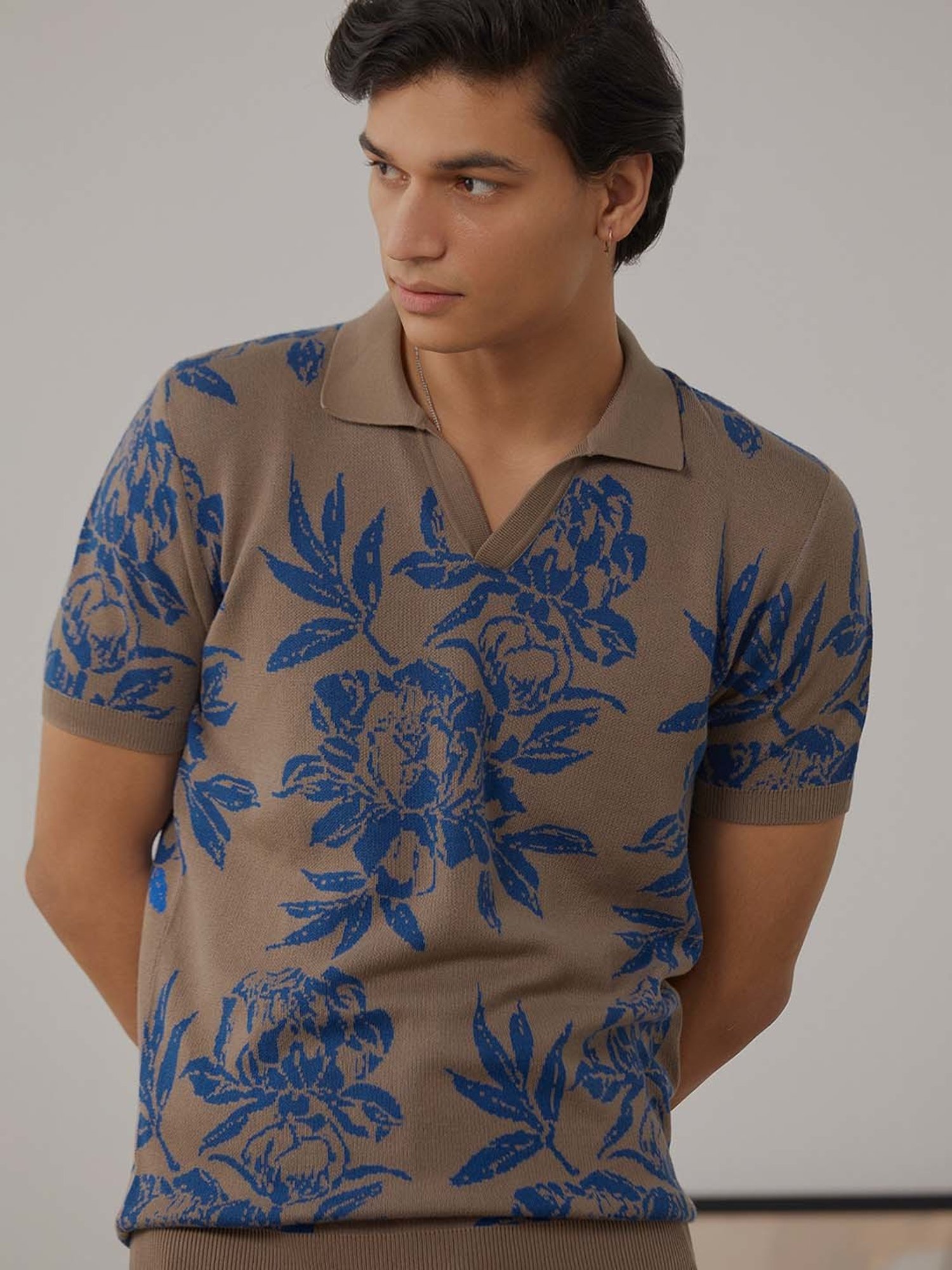 ANDAMEN Brown Regular Fit Printed Cotton Polo T-Shirt