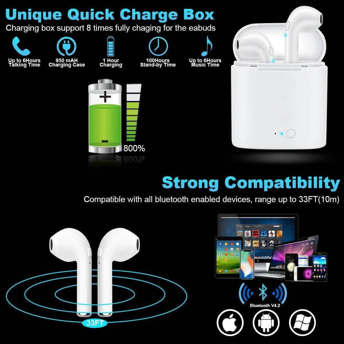 Wireless Earbuds Bluetooth Headphones Stereo Earphone Built-In Mic with Charging Case Cordless Sport Headsets for AirPods iPhone X 8 7 plus 6 6s plus Android Samsung Galaxy