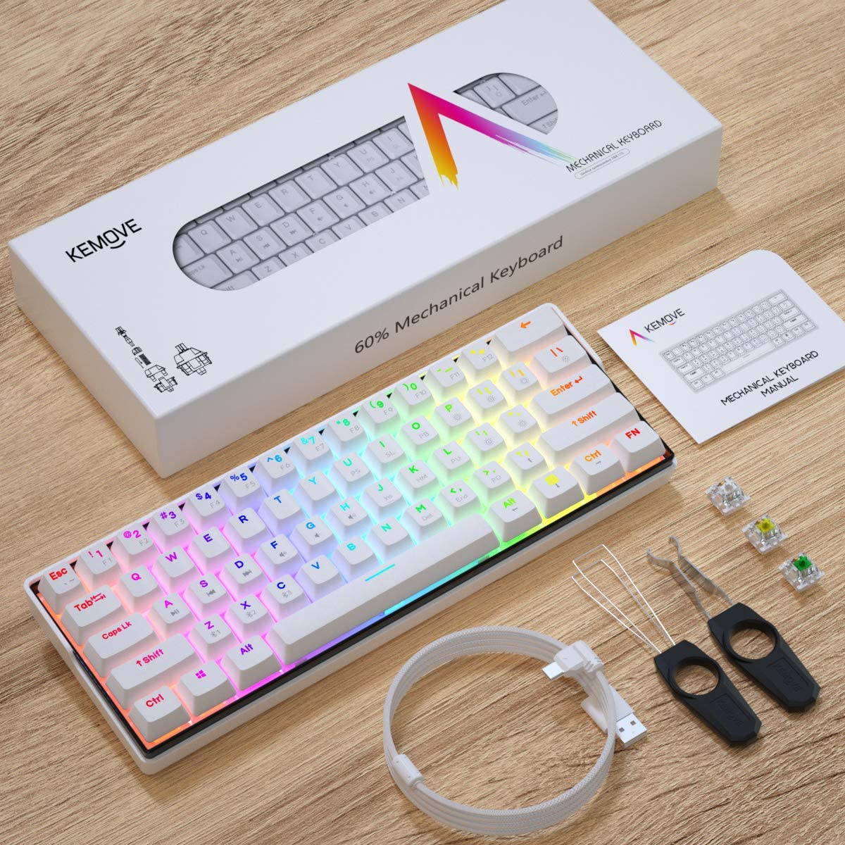 KEMOVE Snowfox Bluetooth 5.1 Wireless/Wired 60% Mechanical Keyboard - RGB Backlit 61 Keys Keyboard - Hot Swappable, PBT Keycap, Full Keys Programmable - White (Gateron Mechanical Switch)