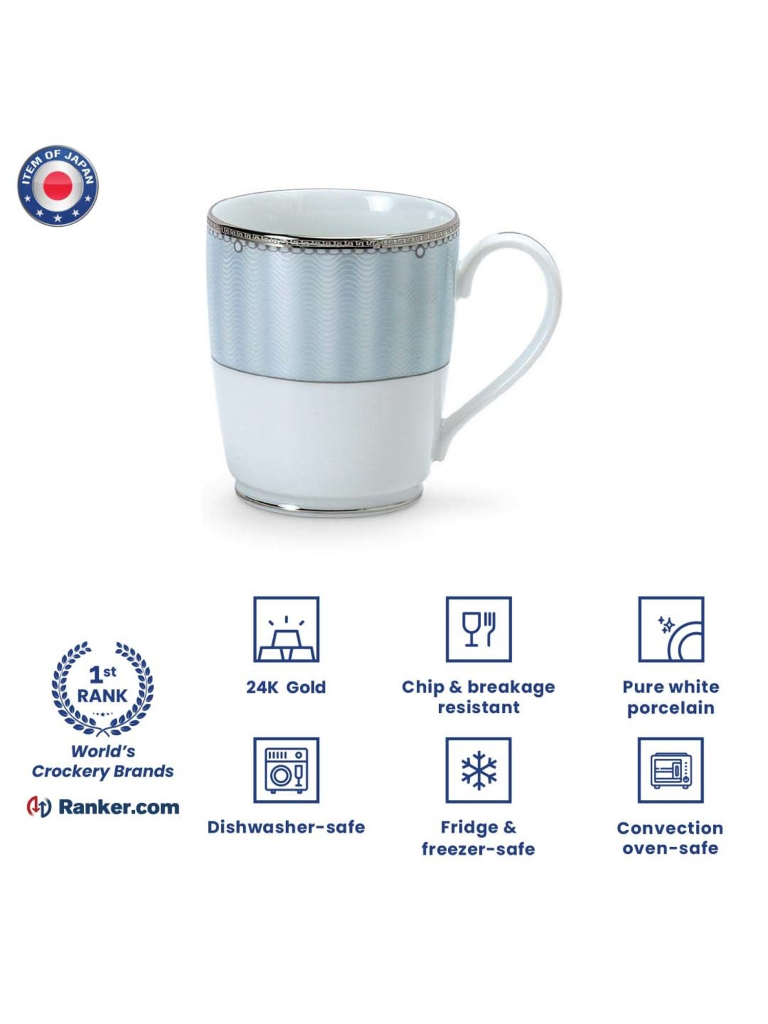 Noritake Monarch Platinum White & Blue Poreclain Coffee Mug (0.295 L) - Set of 6