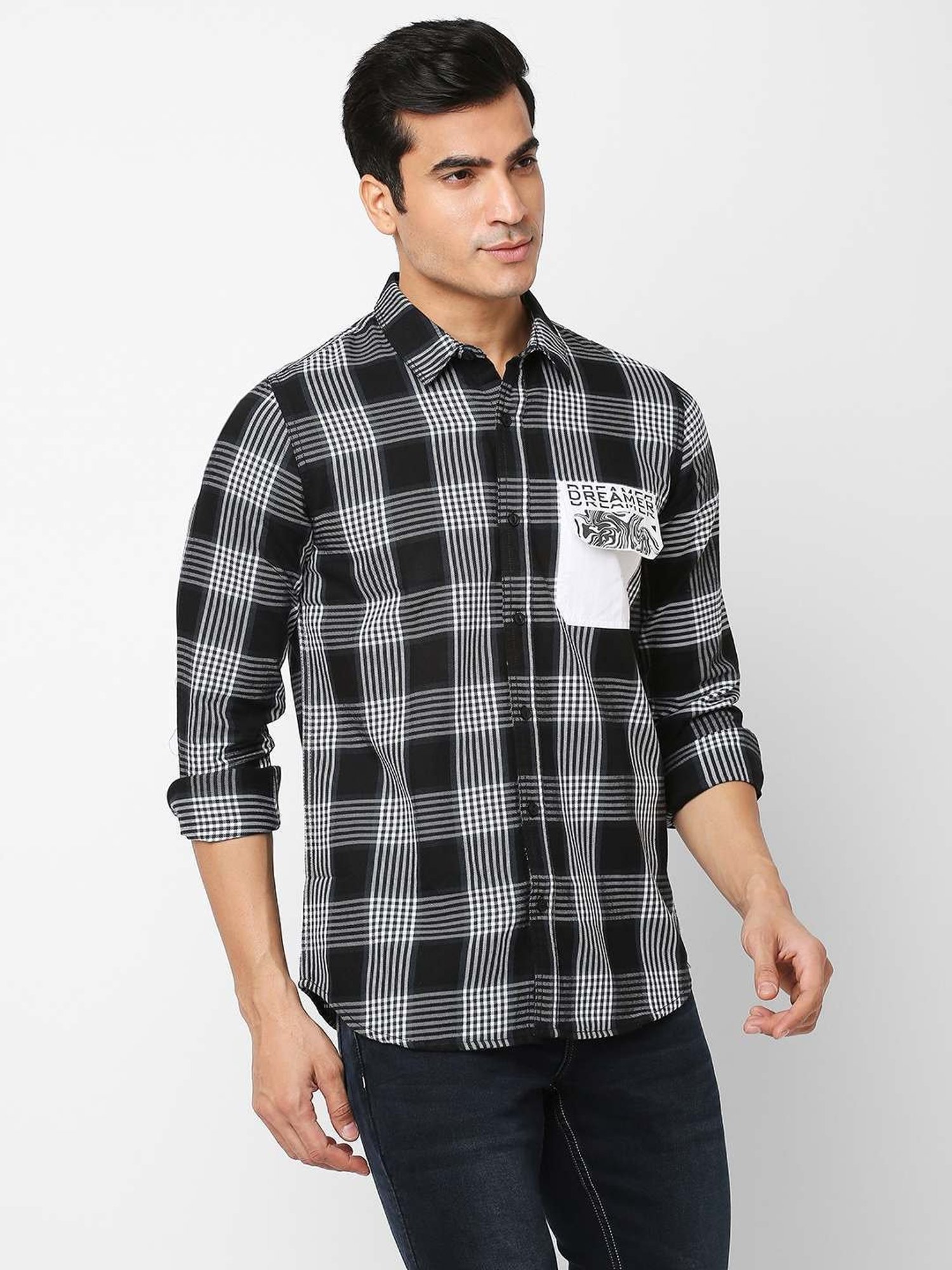SOLEMIO Black & White Cotton Slim Fit Checks Shirt