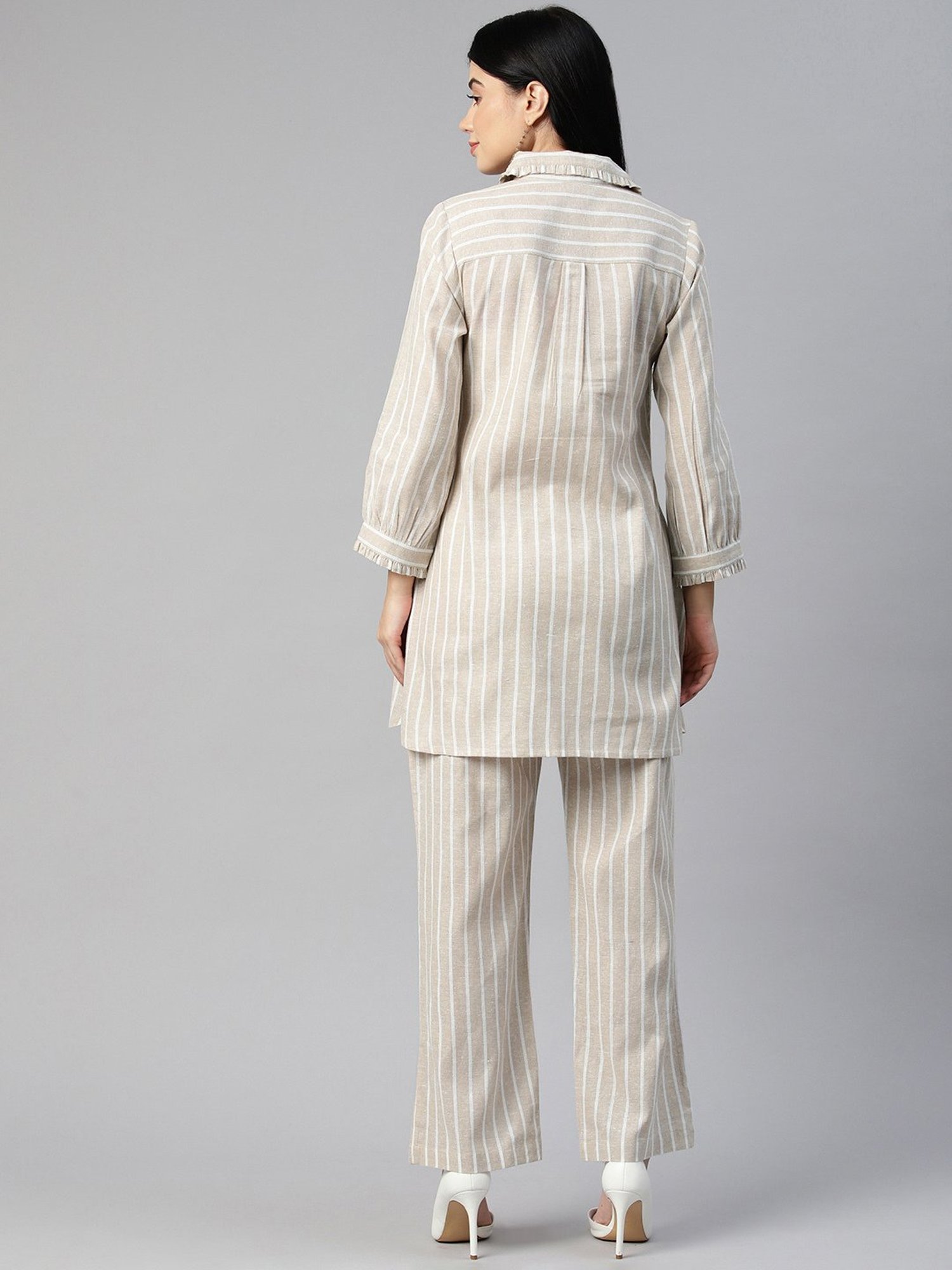 Cottinfab Beige Cotton Striped Co-Ord Set