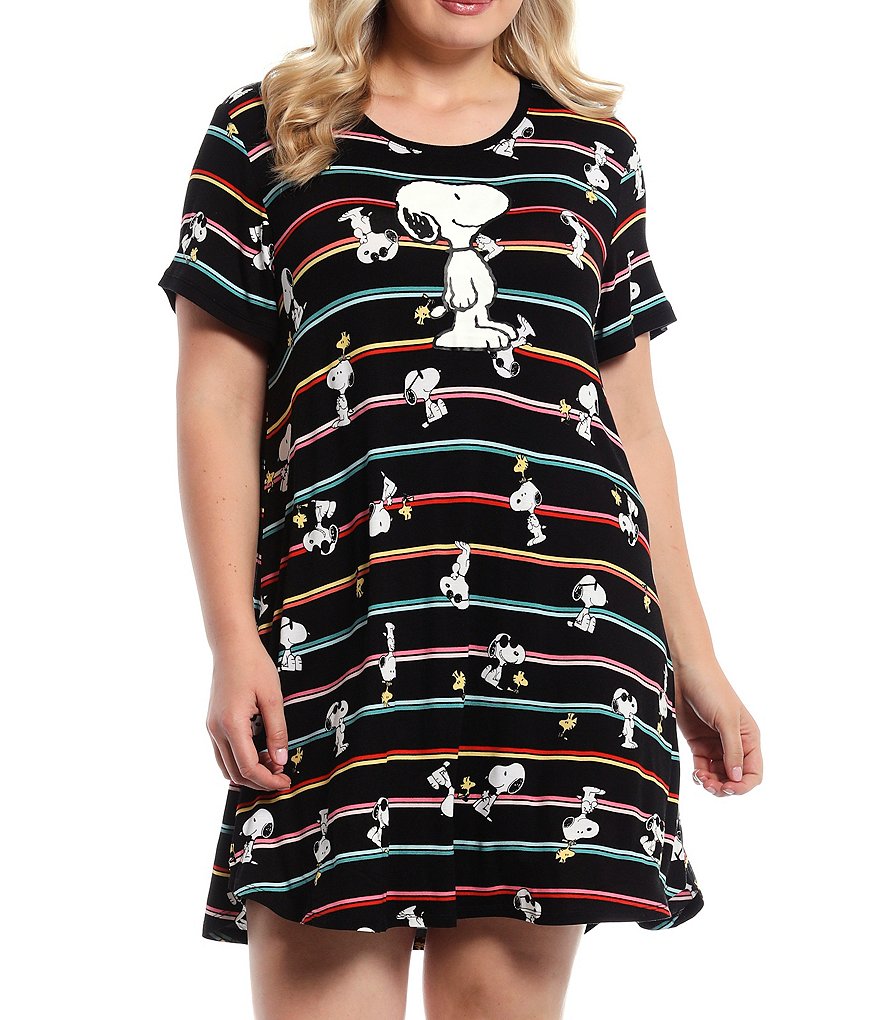 Peanuts Plus Striped Snoopy and Woodstock Print Knit Sleepshirt
