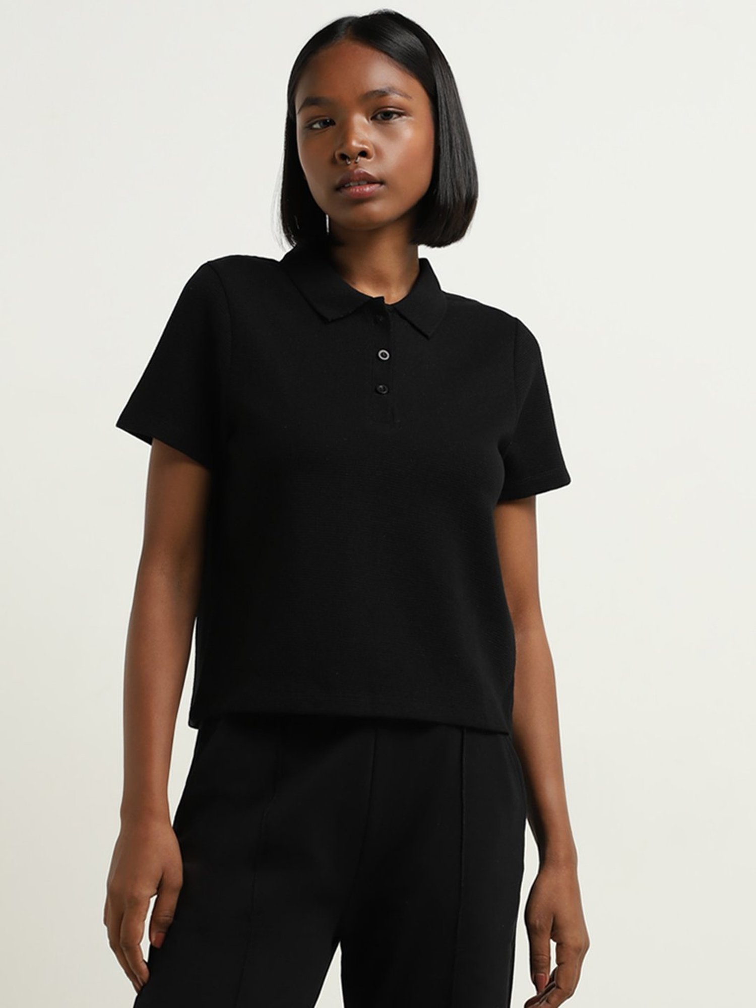 Studiofit by Westside Black Waffle-Textured Cotton Polo T-Shirt