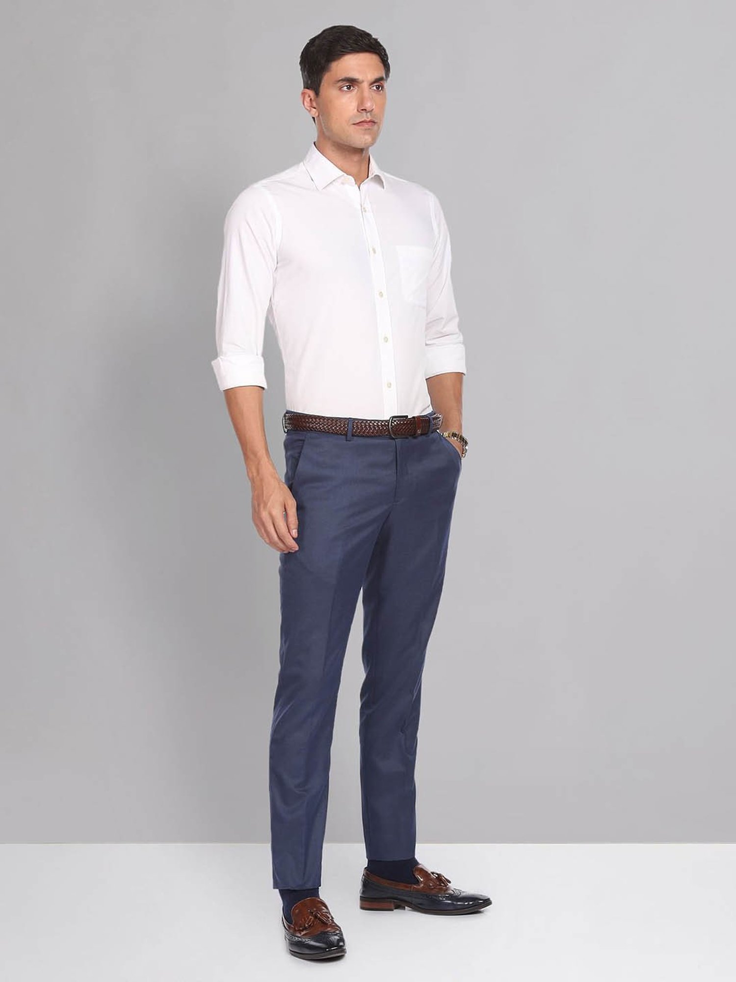 AD by Arvind Blue Slim Fit Flat Front Trousers