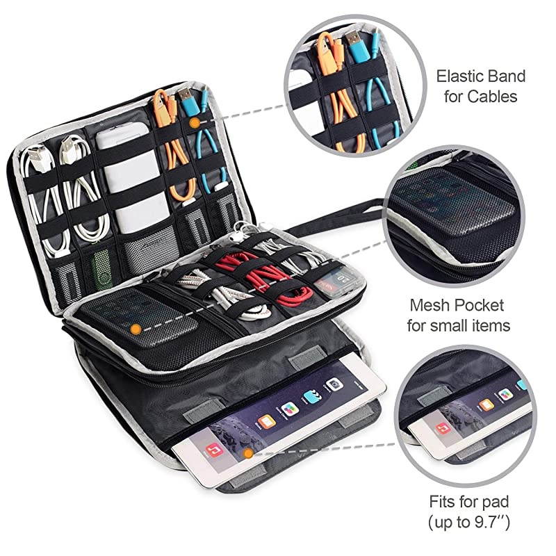 Double Layer Electronics Organizer/Travel Gadget Bag for Cables, Memory Cards, Flash Hard Drive and More, Fit for iPad or Tablet(up to 9.7")-Large, Grey
