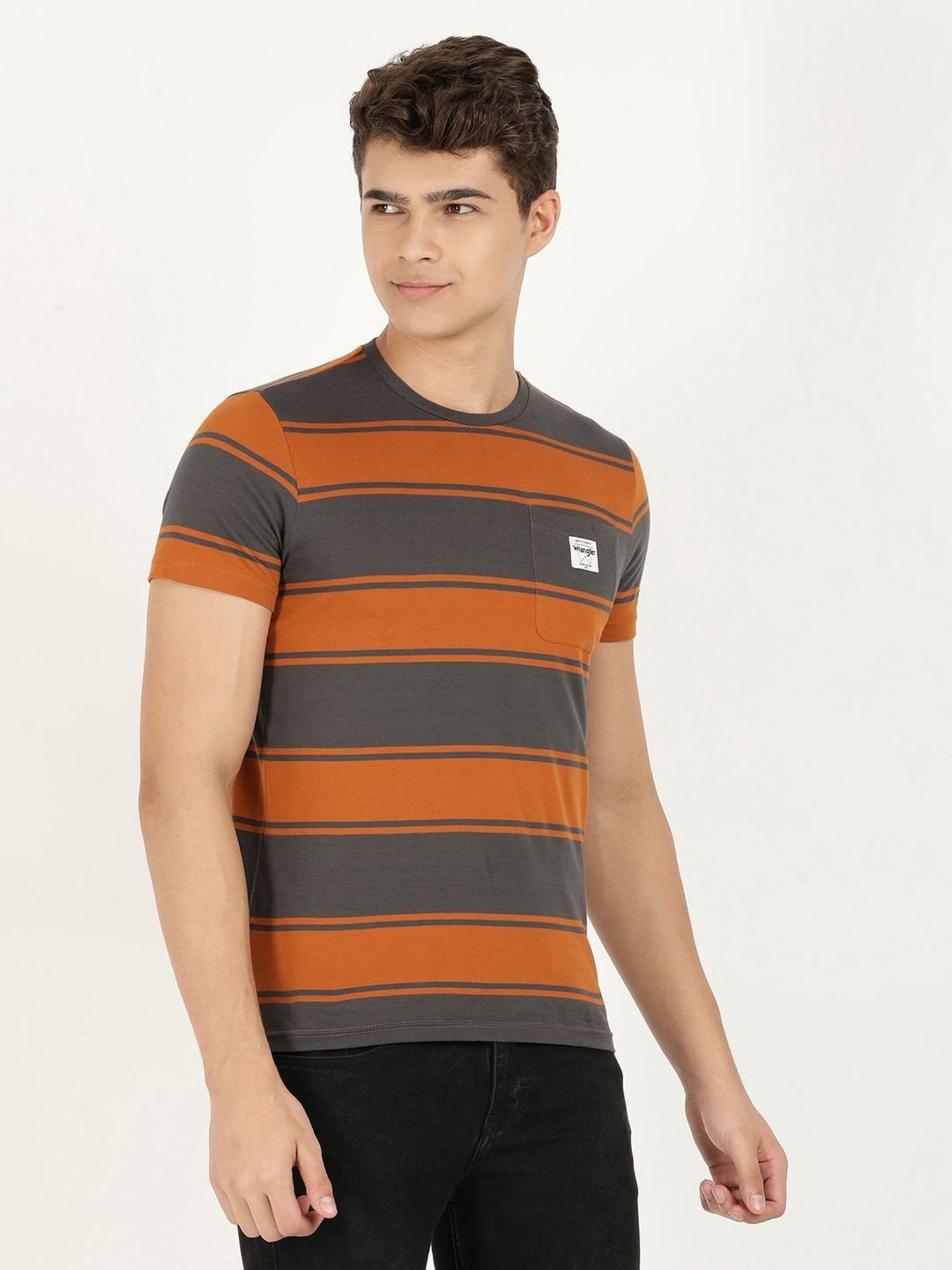 Wrangler Grey Cotton Regular Fit Striped T-Shirt