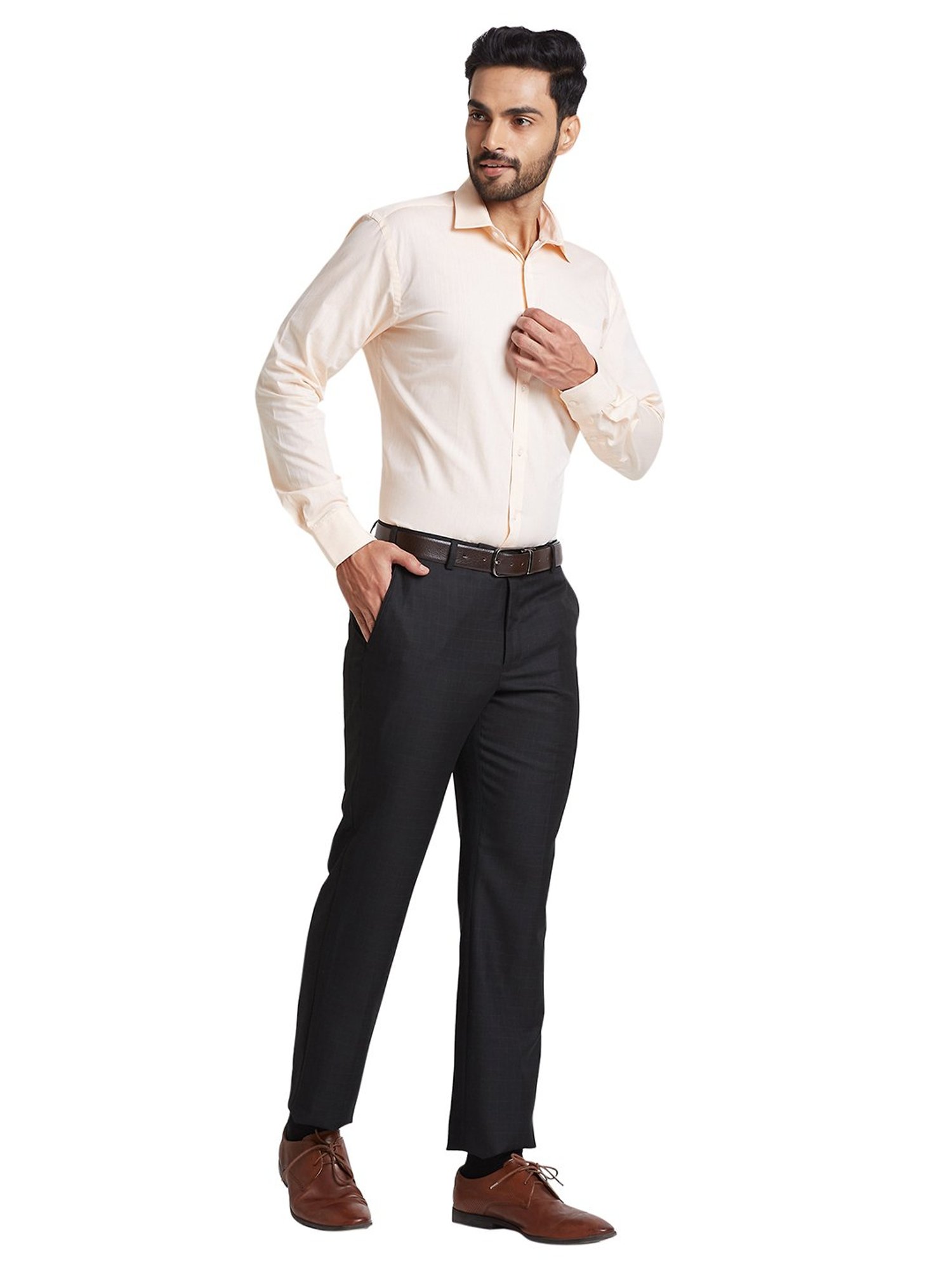 Park Avenue Black Regular Fit Check Flat Front Trousers