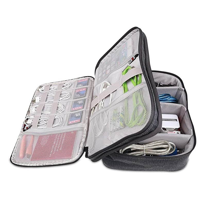 12'' Large Double Layer Waterproof Handbag Travel Office Gear Organizer Electronics Accessories Gadget Big Bag For USB Cable, SD Card, Hard Drive, Digital Camera, iPad (XL,Black)