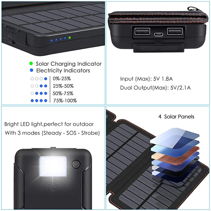 Solar Charger 25000mAh Portable Power Bank with 2 USB Output Waterproof Battery Pack Compatible with Most Phones Tablets and More