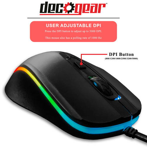 Deco Gear Wired Gaming Mouse | 800-5000 Adjustable DPI | High Precision Optical Mouse | Ergonomic for All Gaming Grips | 11 RGB Backlit Modes | 6 Buttons