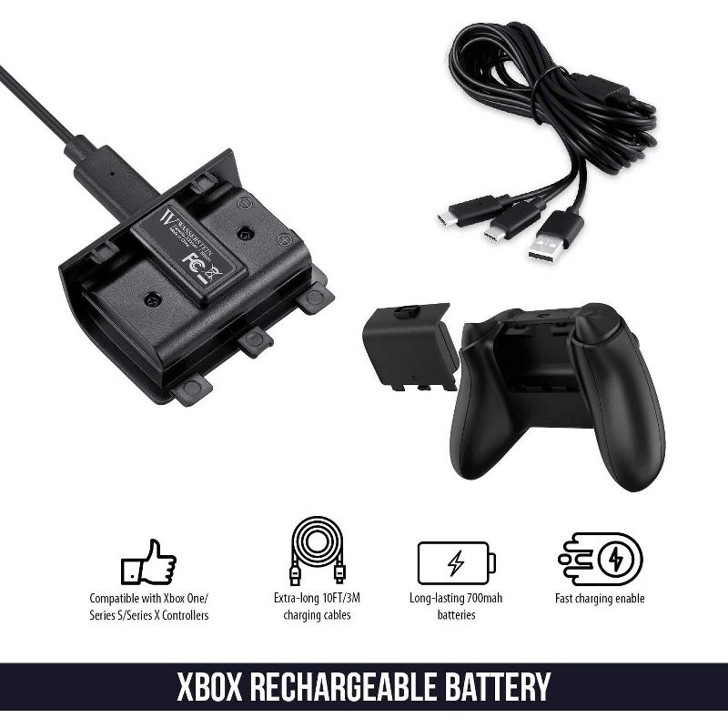 Wasserstein 700mAh Controller Battery Packs and Charging Cable for Microsoft Xbox Wireless Controller 2020 Model (Xbox Series X/S, Xbox One) (2 Pack)