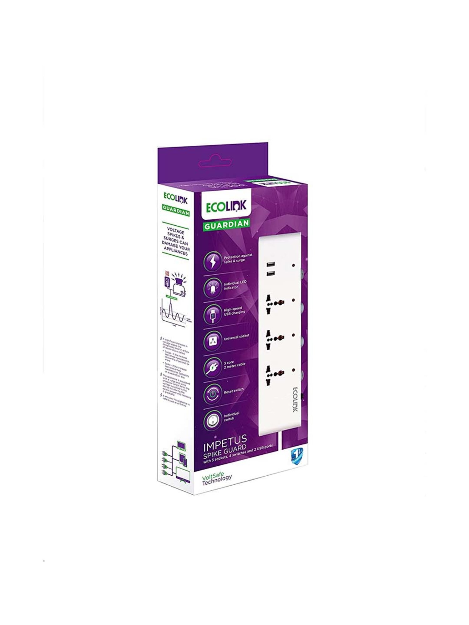 EcoLink Guardian Impetus Spike Guard with 3 Socket 6A + 2 USB (White & Purple)