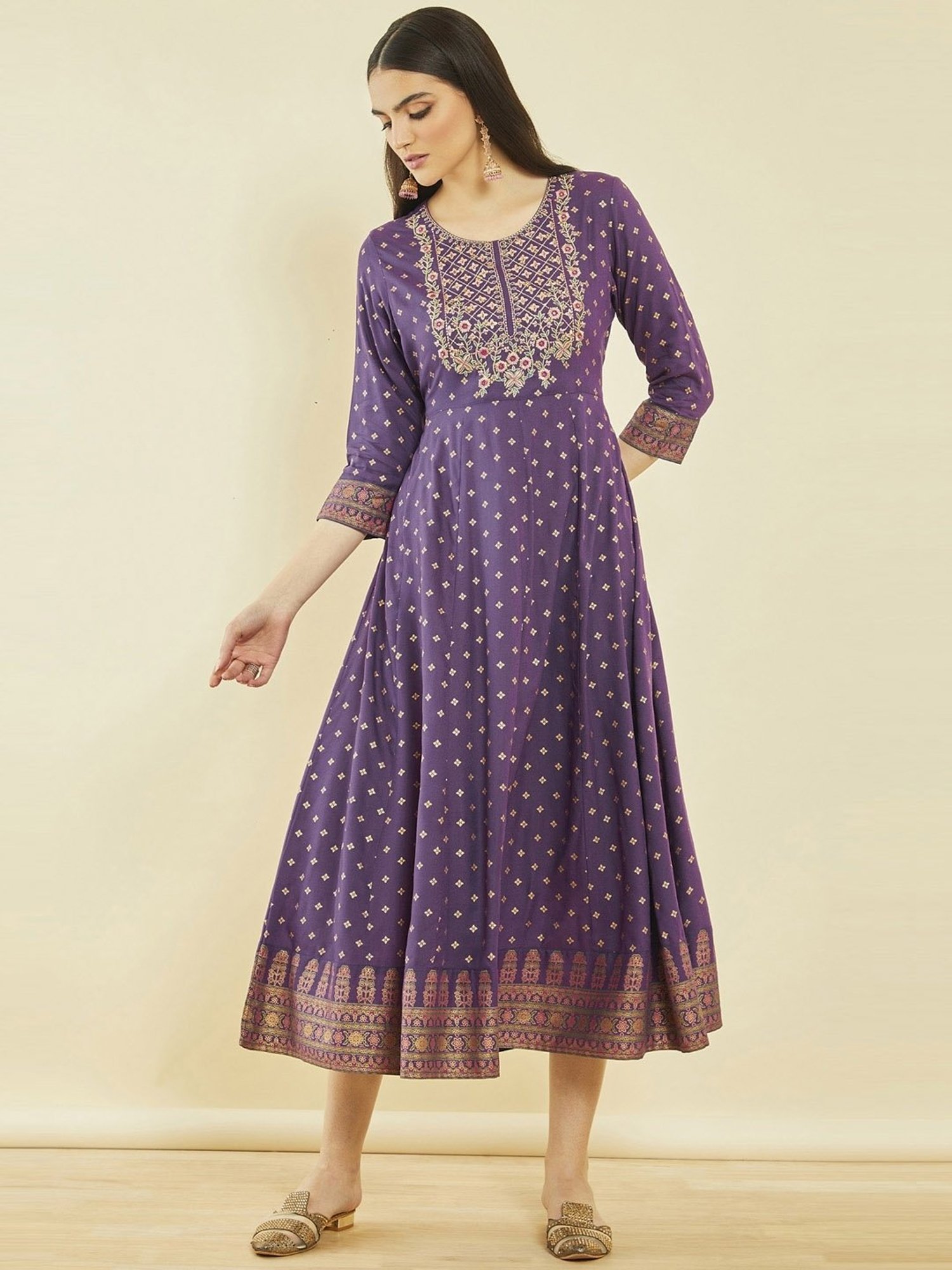Soch Purple Rayon Floral Embroidered Dress Kurta with Waist Tie-Up