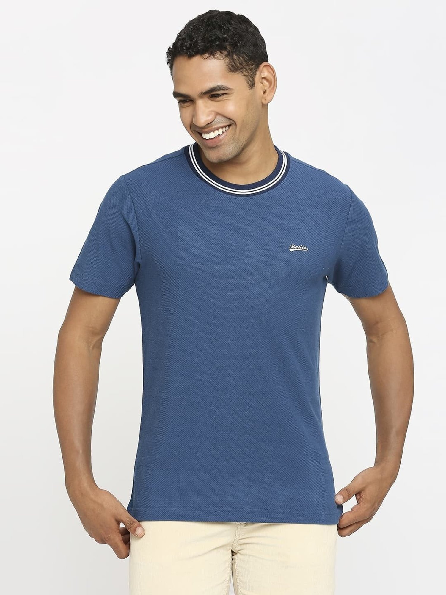 Basics Blue Cotton Muscle Fit T-Shirt