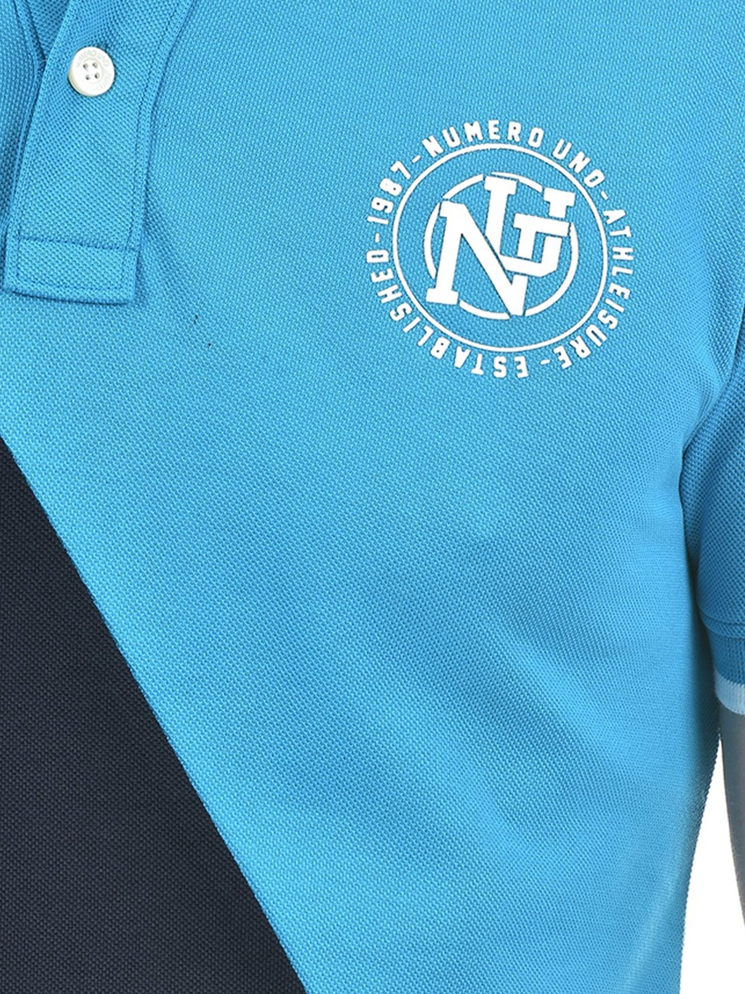 Numero Uno Blue Cotton Regular Fit Colour Block Polo T-Shirt